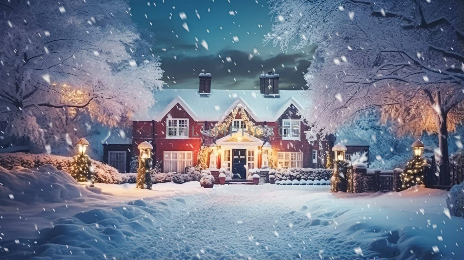 Christmas in the countryside manor, English country house mansion decorated for holidays on a snowy winter evening with snow and holiday lights, Merry Christmas and Happy Holidays design