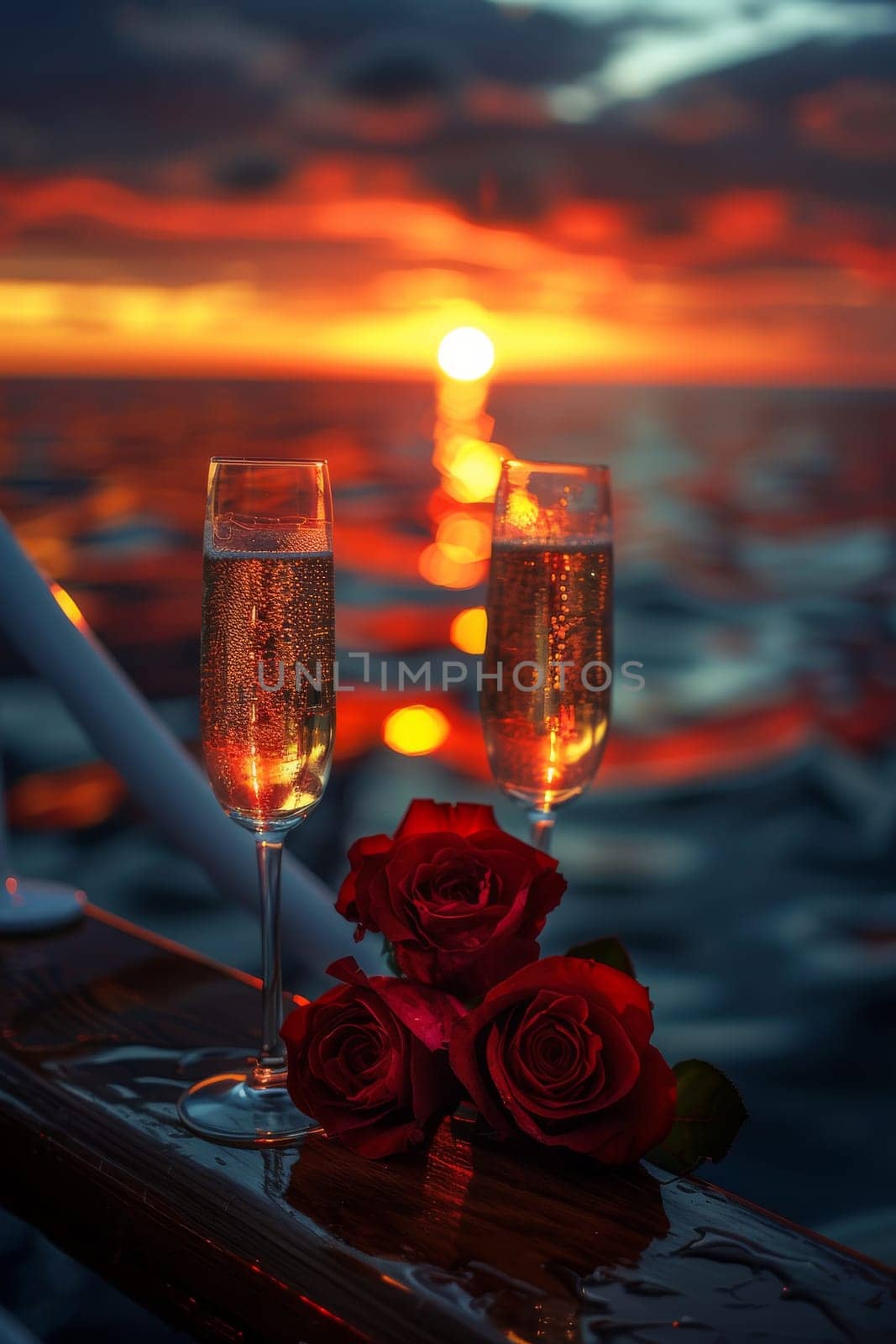 Two champagne flutes with red roses on top, one on the left and one on the right.