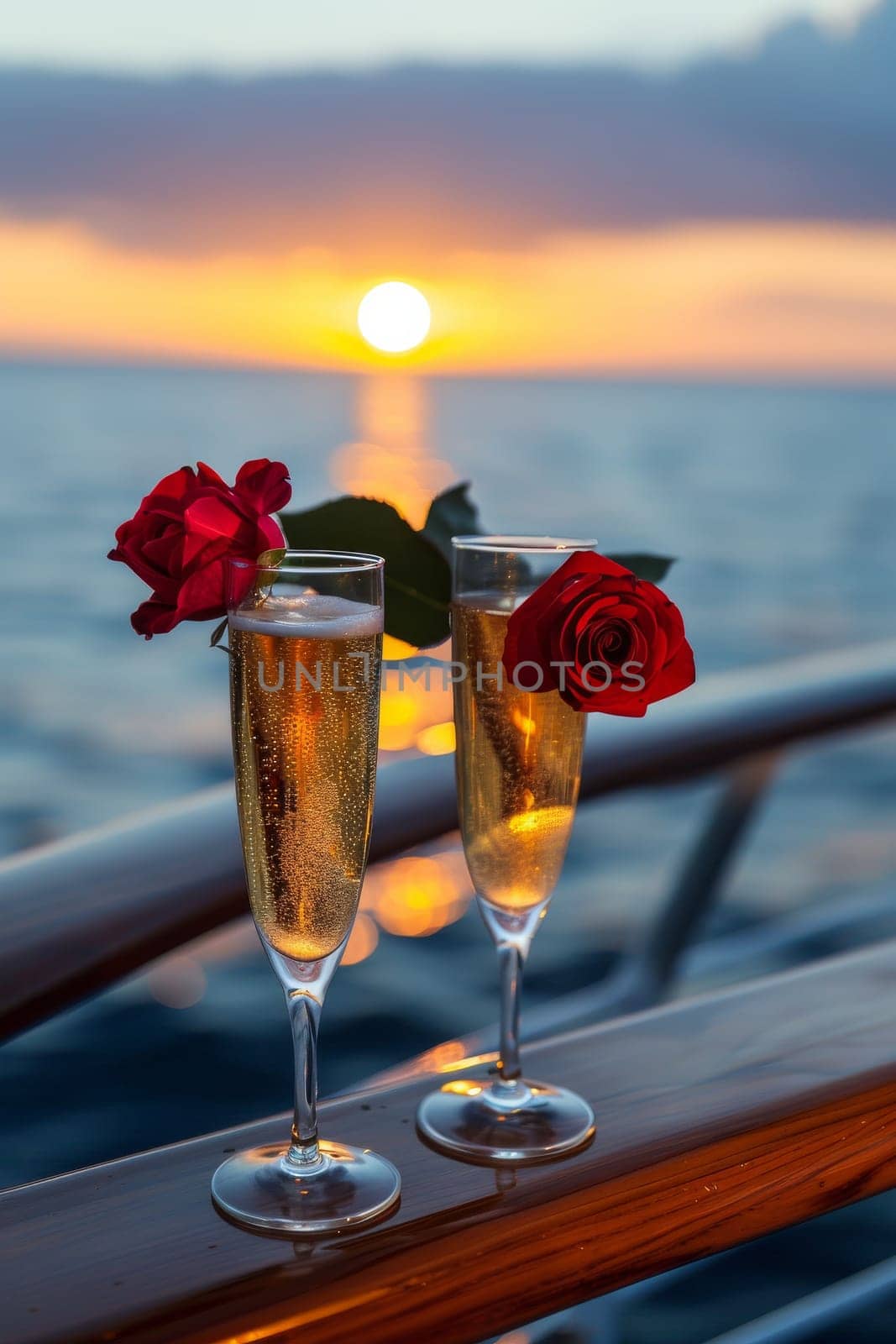 Two champagne flutes with red roses on top, one on the left and one on the right.
