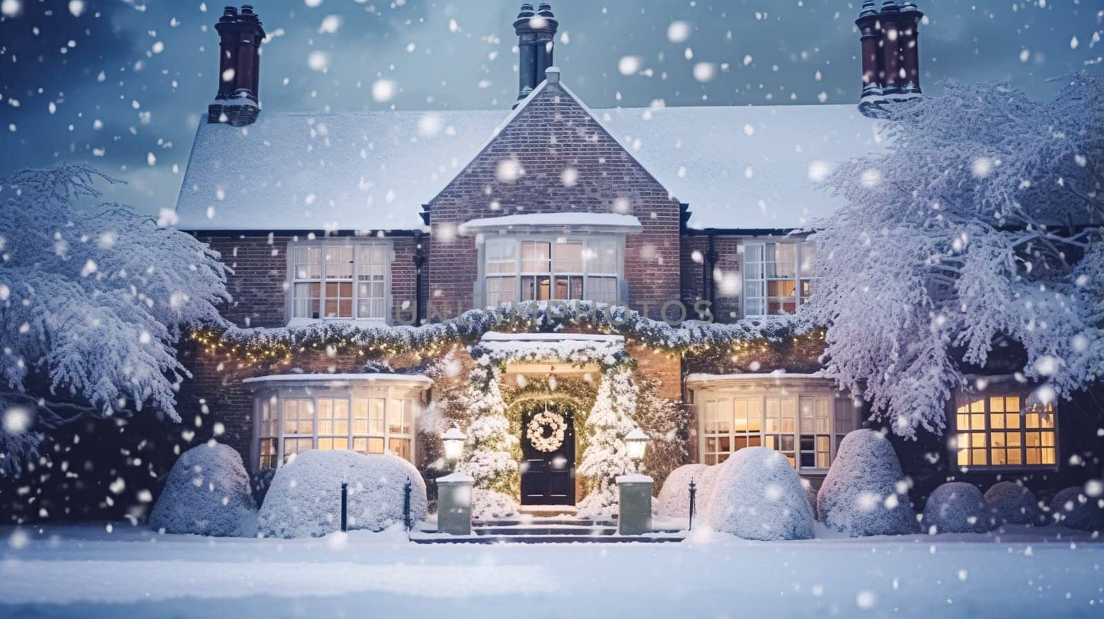 Christmas in the countryside manor, English country house mansion decorated for holidays on a snowy winter evening with snow and holiday lights, Merry Christmas and Happy Holidays design