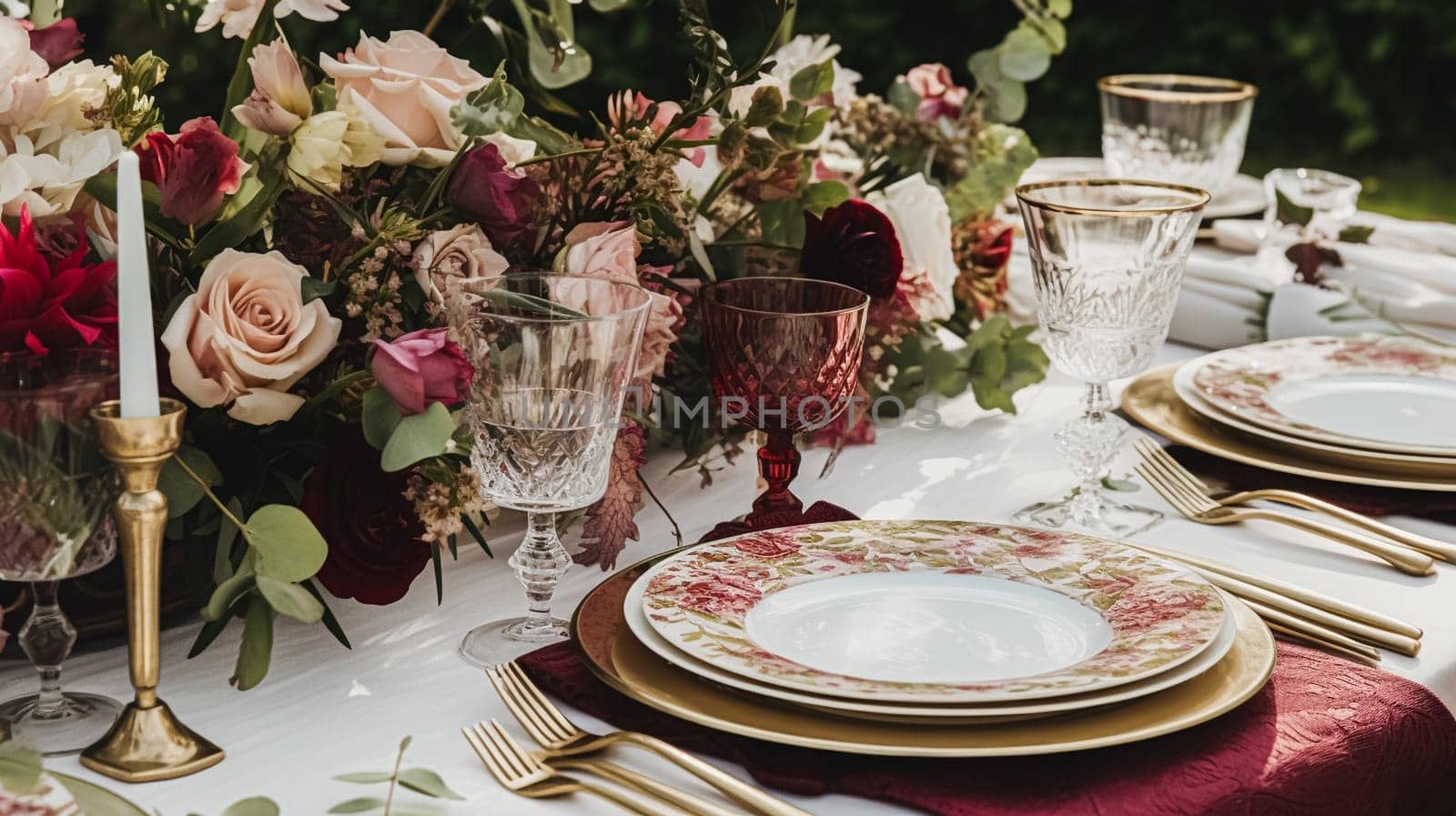 Wedding and event celebration tablescape with flowers, formal dinner table setting with roses and wine, elegant floral table decor for dinner party and holiday decoration, home styling by Anneleven