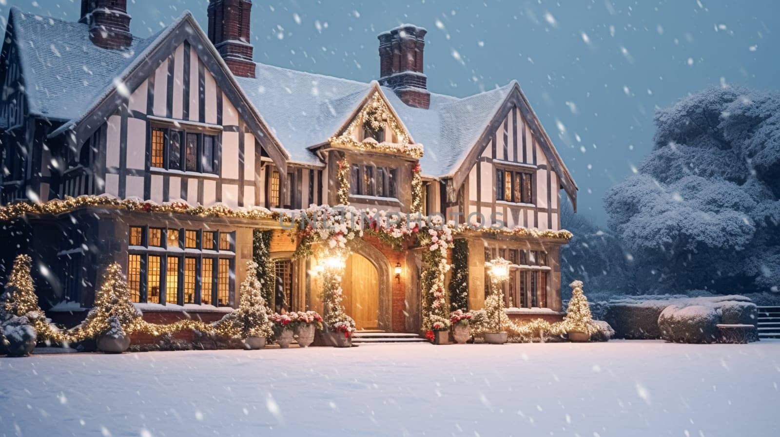 Christmas in the countryside manor, English country house mansion decorated for holidays on a snowy winter evening with snow and holiday lights, Merry Christmas and Happy Holidays design