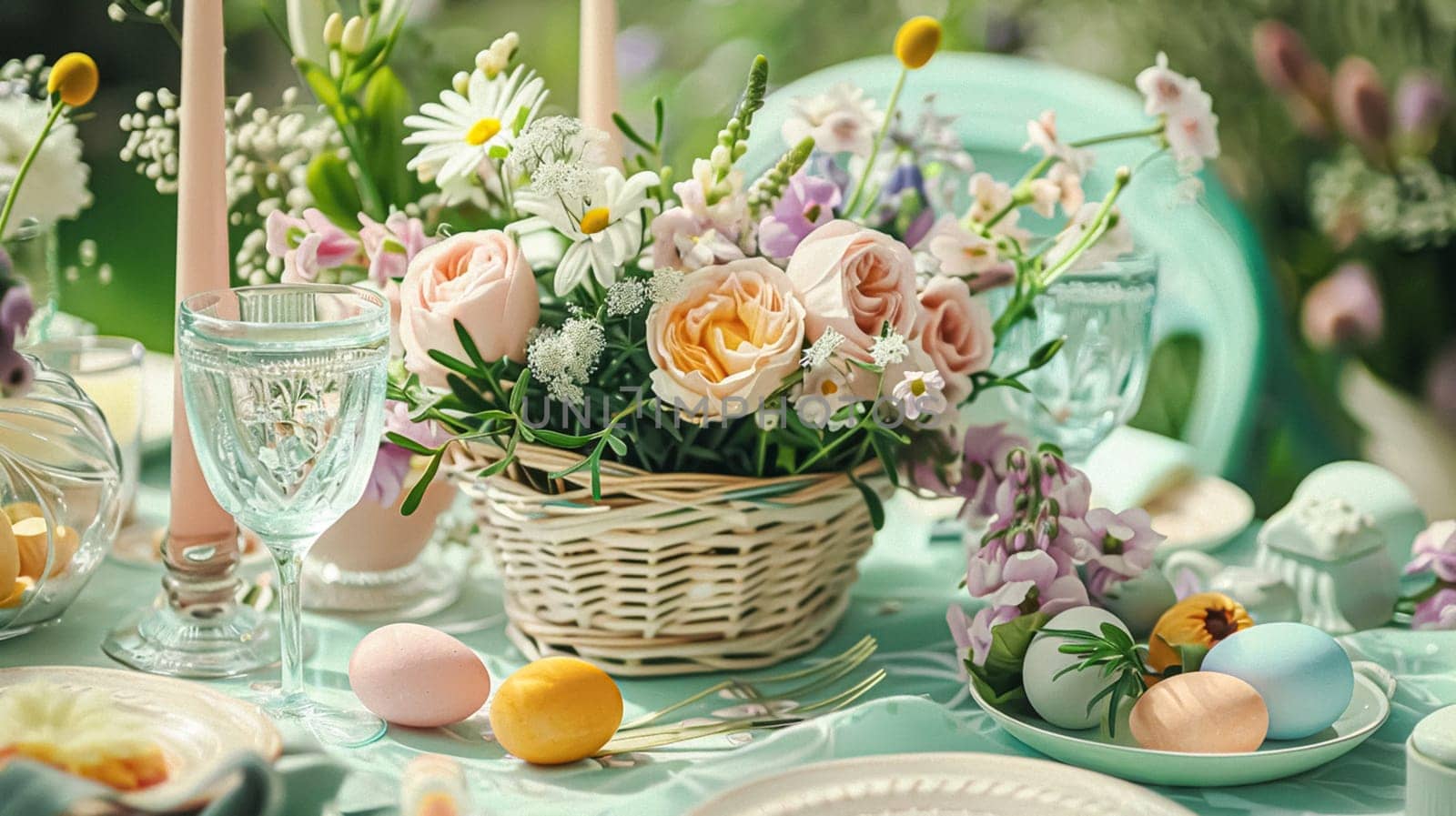 Easter tablescape decoration, floral holiday table decor for family celebration, spring flowers, Easter eggs, Easter bunny and vintage dinnerware, English country and home styling by Anneleven