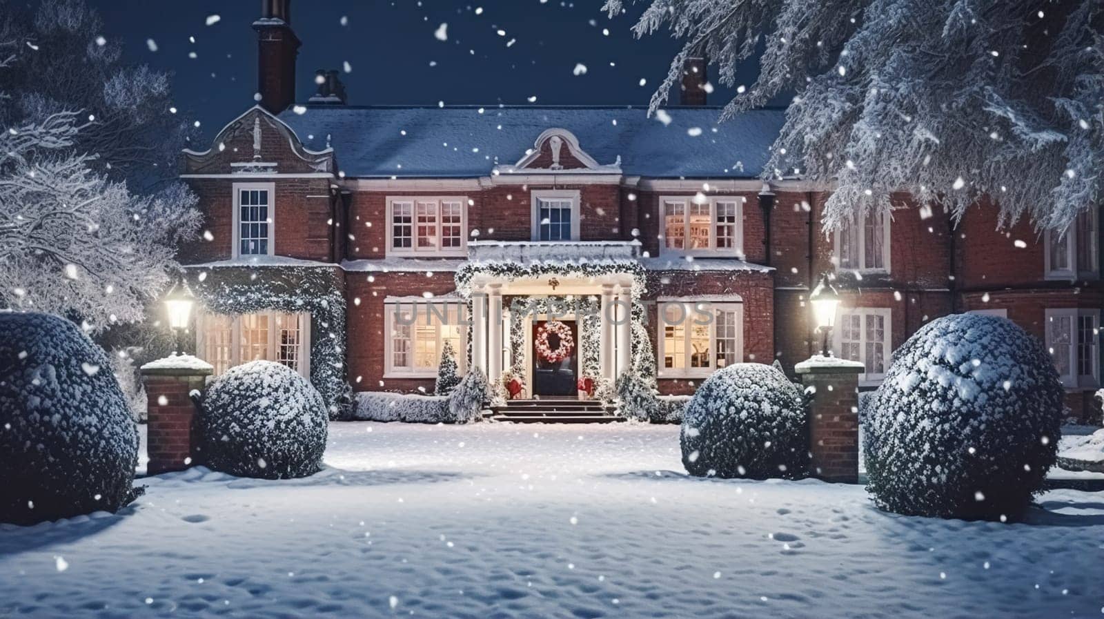 Christmas in the countryside manor, English country house mansion decorated for holidays on a snowy winter evening with snow and holiday lights, Merry Christmas and Happy Holidays design