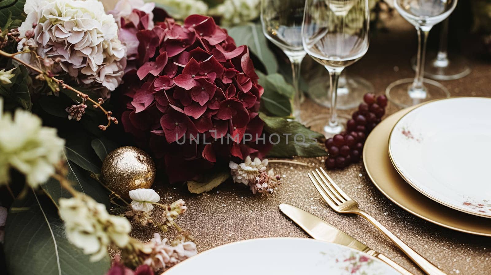 Wedding or formal dinner holiday celebration tablescape with hydrangea flowers in the English countryside garden, table setting and wine, floral table decor for family dinner party, home styling by Anneleven