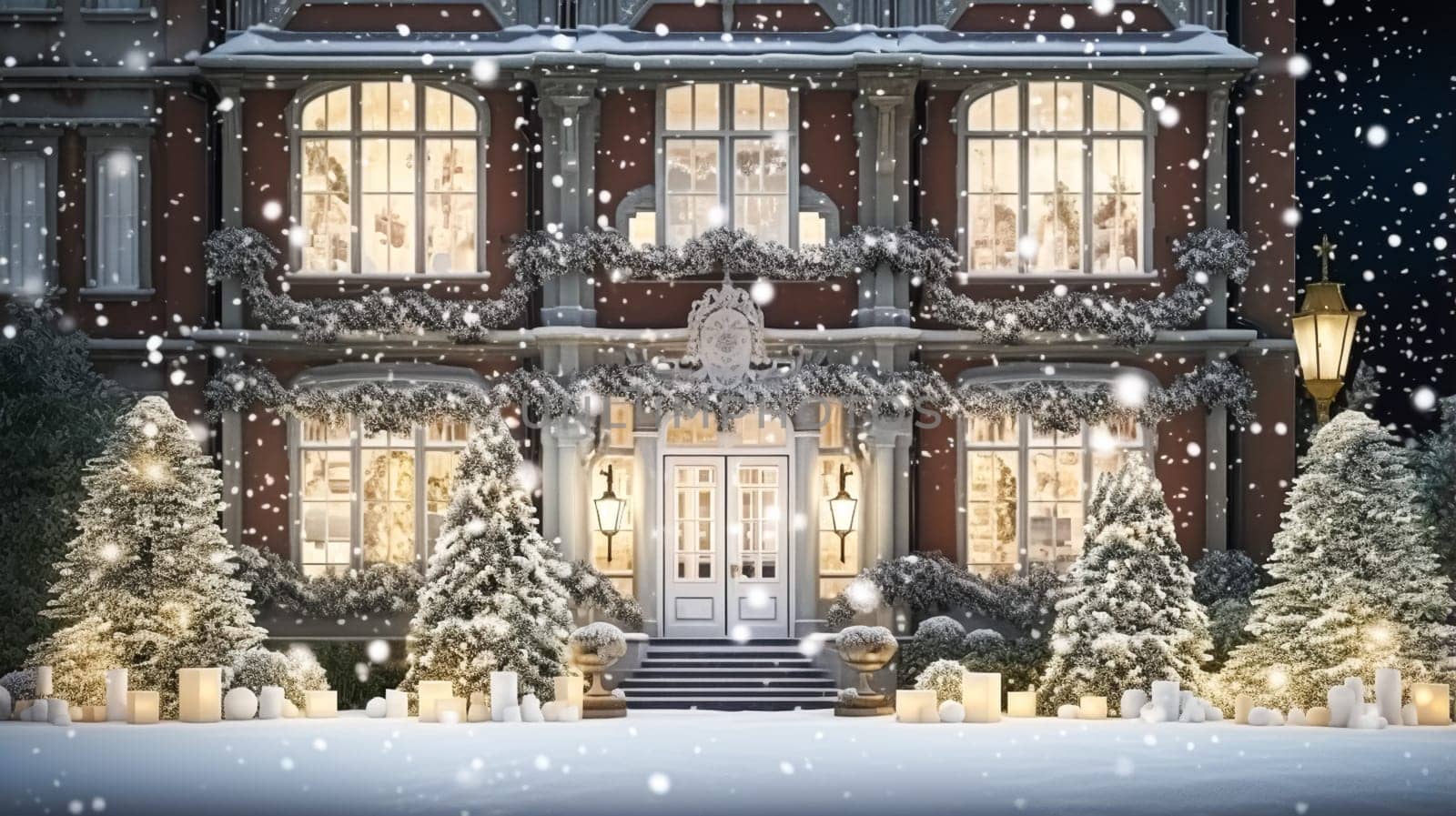 Christmas in the countryside manor, English country house mansion decorated for holidays on a snowy winter evening with snow and holiday lights, Merry Christmas and Happy Holidays by Anneleven