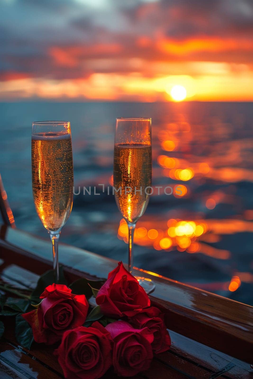 Two champagne flutes with red roses on top, one on the left and one on the right.