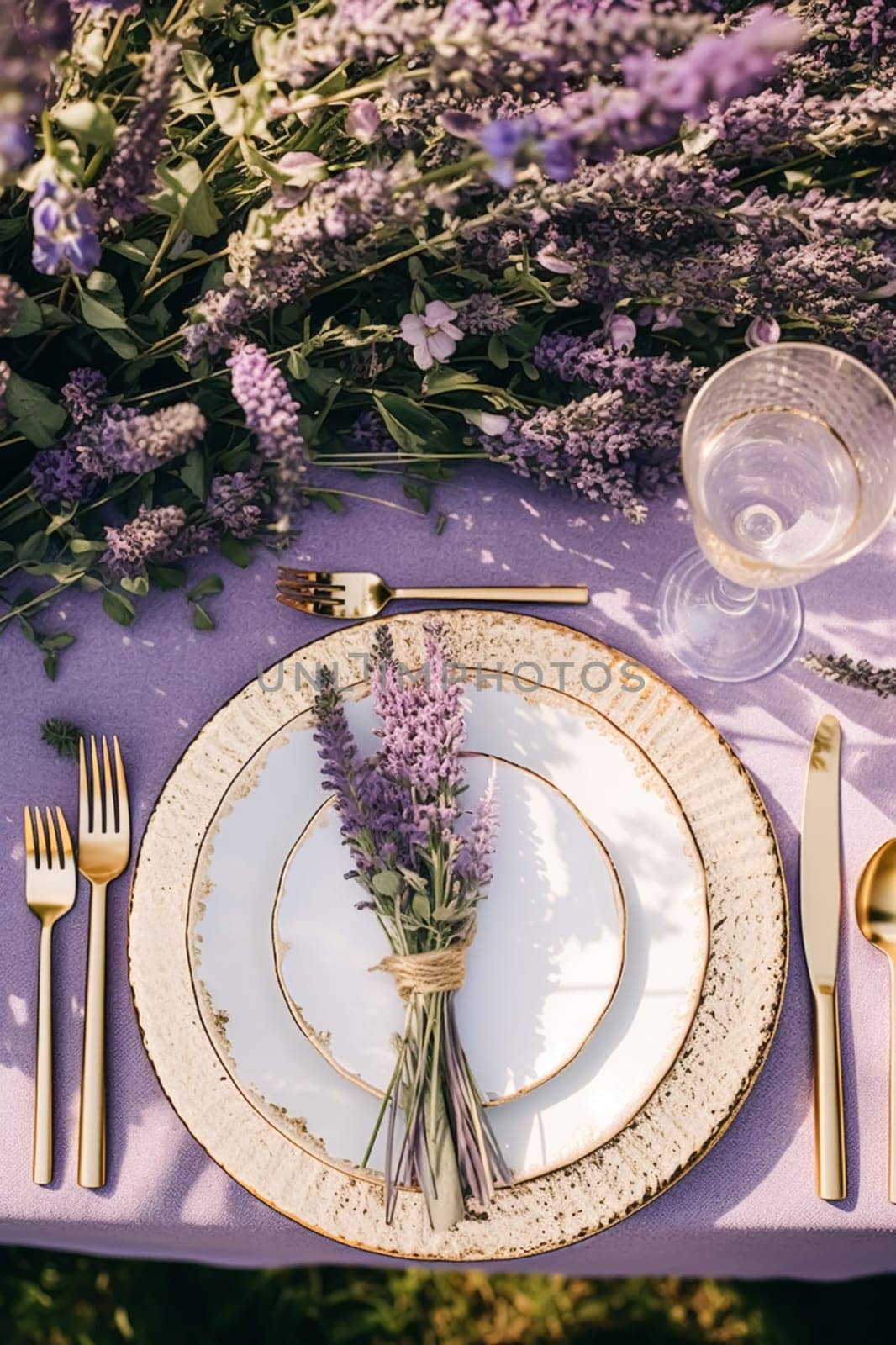 Wedding tablescape, elegant formal dinner table setting, table scape with lavender decoration for holiday party event celebration, generative ai by Anneleven