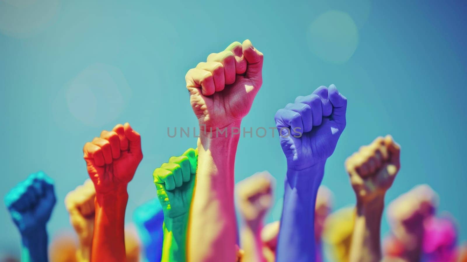 A group of people are holding up their hands in a fist. Pride day concept.