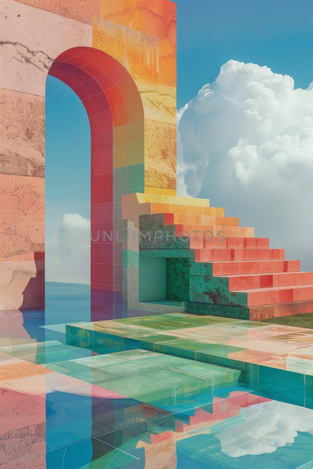 A colorful building with a pink staircase leading up to it. The building is made of colorful bricks and has a statue of a man on top of it. The sky is cloudy