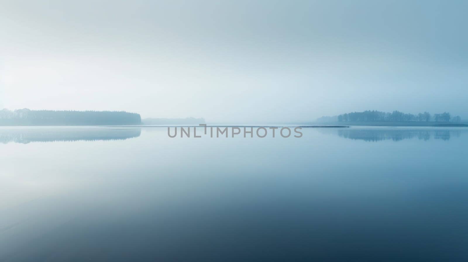 A calm lake with a foggy sky in the background.