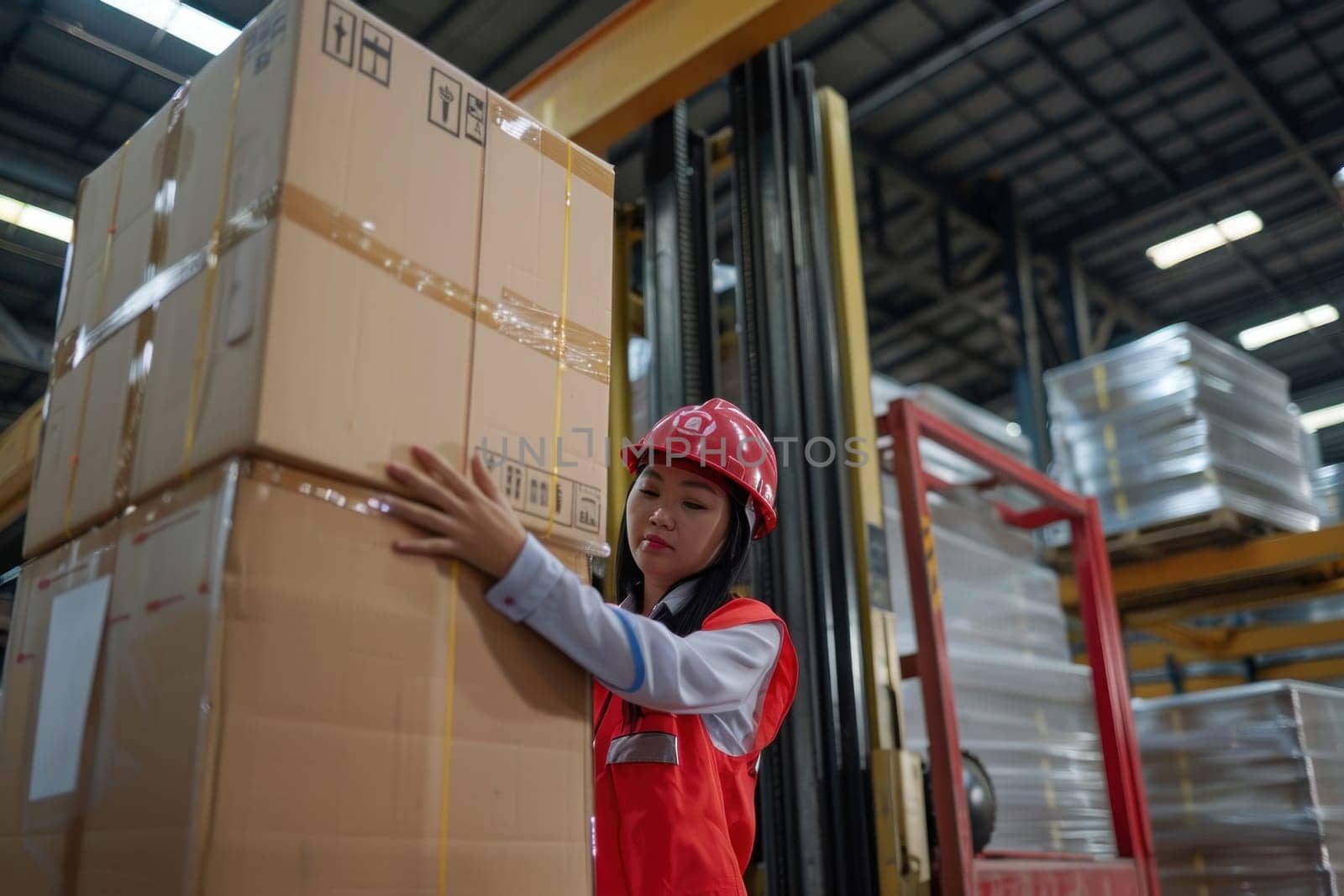 an attractive Asian logistics warehouse staff girl wearing red safety helmet red warehouse vest is moving a big cardboard box with a Platform trucks, inside huge neat warehouse, by golfmerrymaker