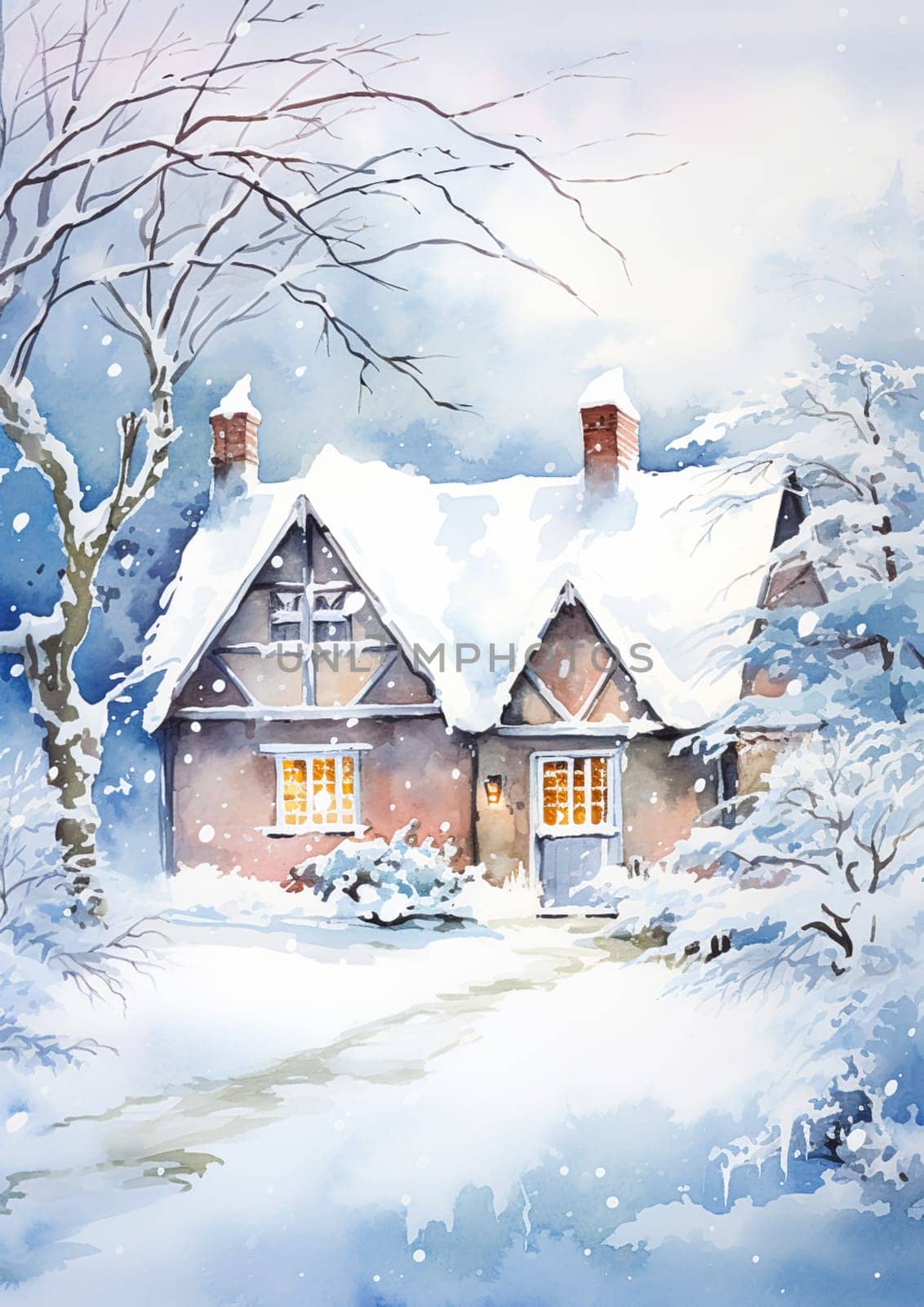 Merry Christmas and Happy Holidays, watercolour printable art print, English countryside cottage as snow winter holiday Christmas card, thank you and diy greeting card design, country style idea