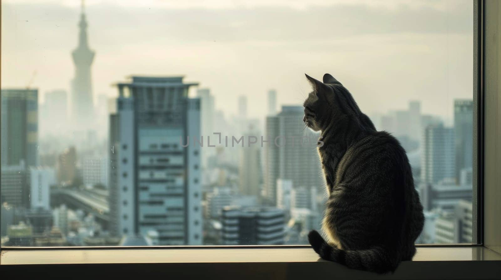 A cat is sitting by a window looking out at the city.