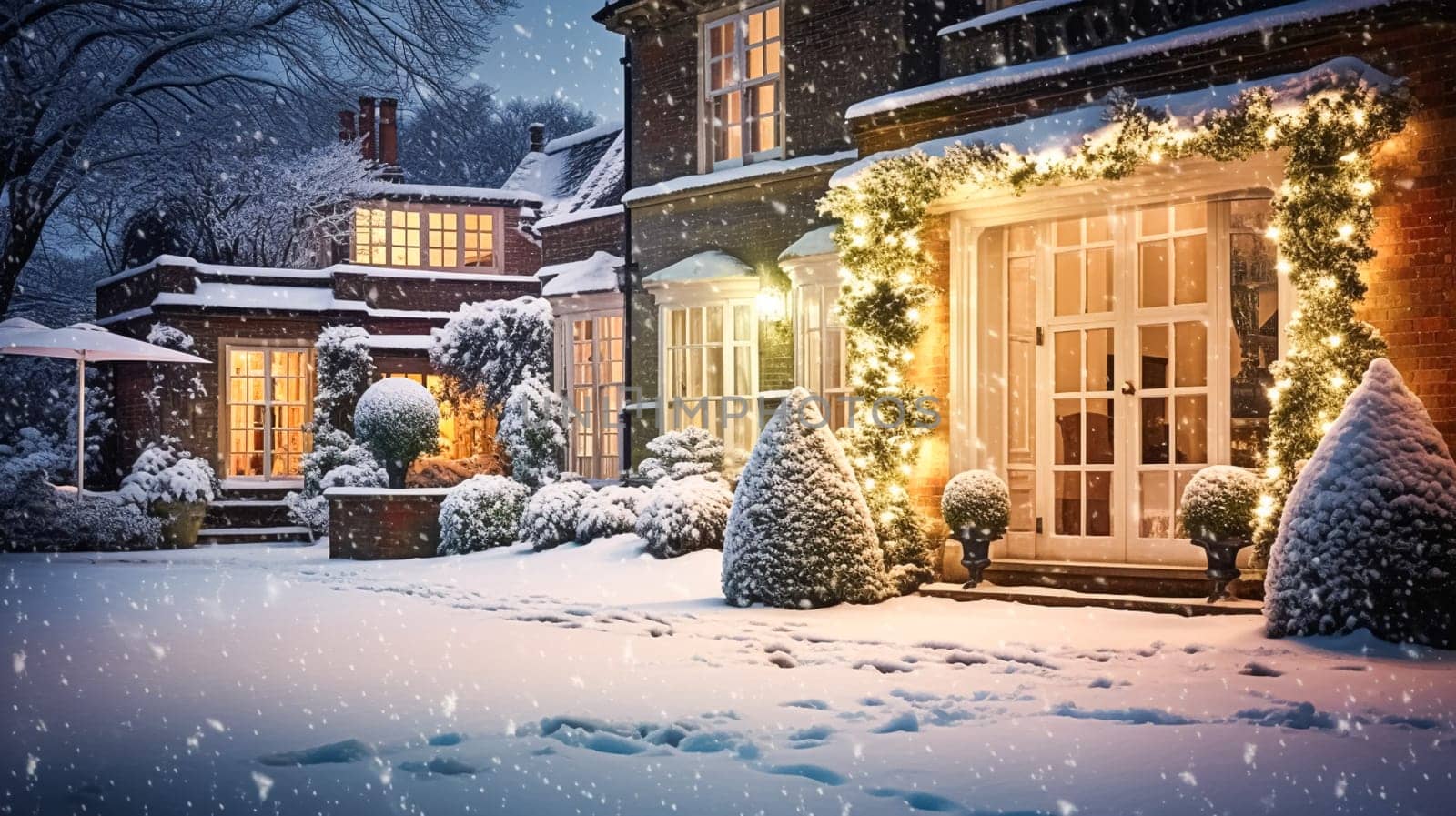 Christmas in the countryside manor, English country house mansion decorated for holidays on a snowy winter evening with snow and holiday lights, Merry Christmas and Happy Holidays by Anneleven