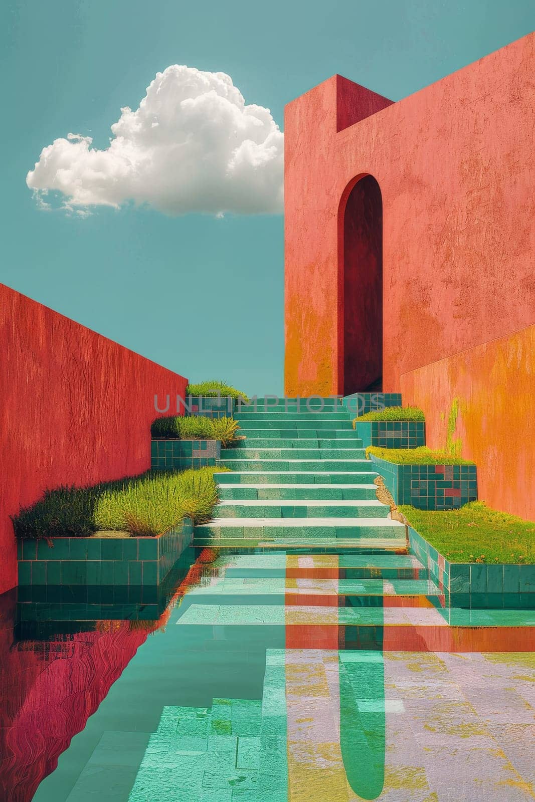 A colorful building with a pink staircase leading up to it. The building is made of colorful bricks and has a statue of a man on top of it. The sky is cloudy