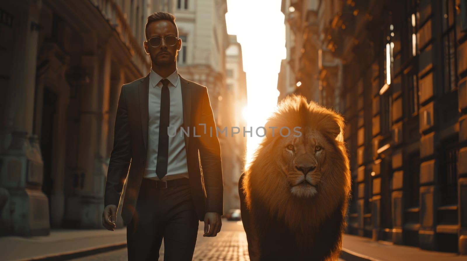 A business man is walking with a lion in the street by golfmerrymaker