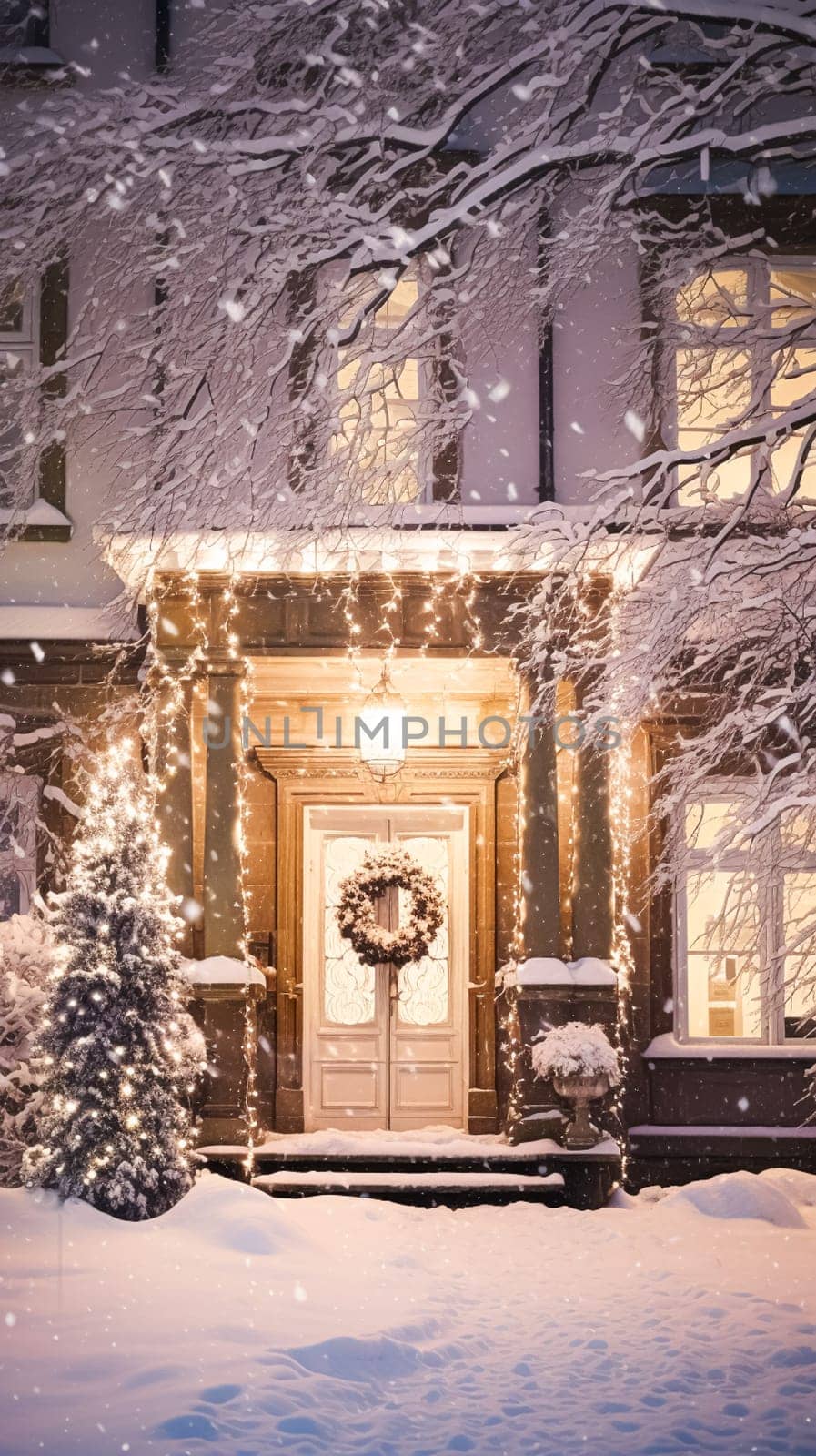 Christmas in the countryside manor, English country house mansion decorated for holidays on a snowy winter evening with snow and holiday lights, Merry Christmas and Happy Holidays design