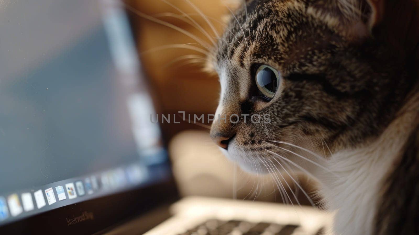 A cat is looking at a computer screen. The cat is staring at the screen with its eyes wide open