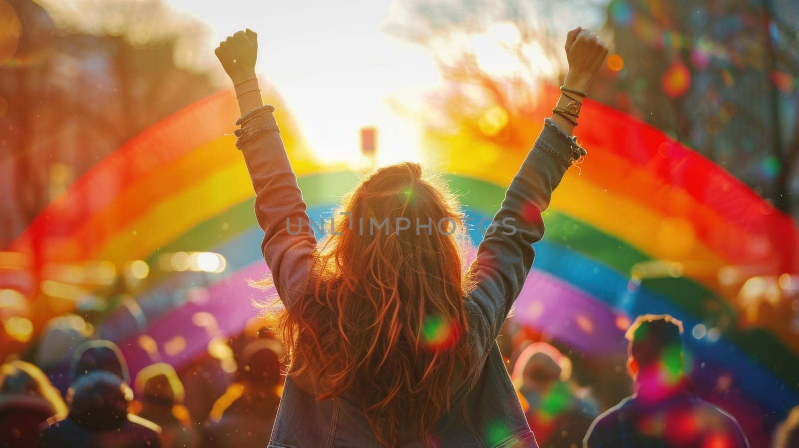 A woman is standing in a field of flowers and holding her arms out, pride day concept.