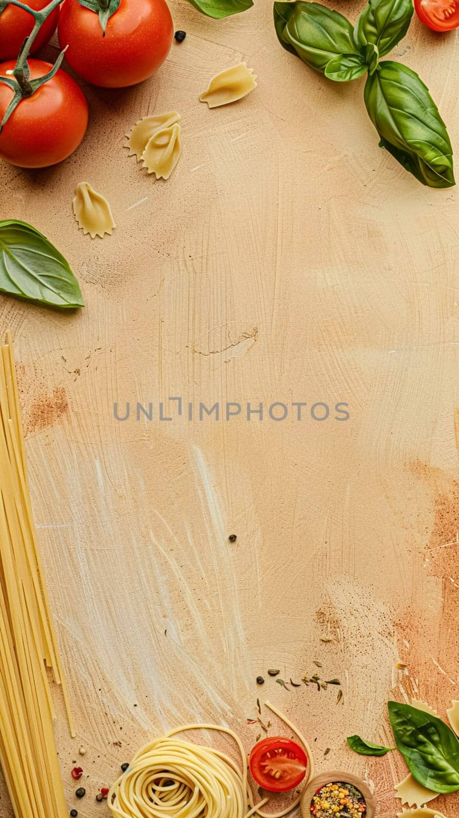 Pasta recipe preparation flatlay background with ingredients, spaghetti, olive oil, garlic, tomatoes and spices in the kitchen, homemade food recipe idea