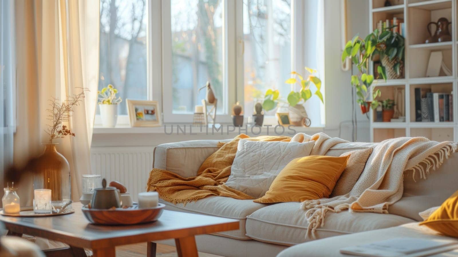 A living room with a white couch, a potted plant by golfmerrymaker