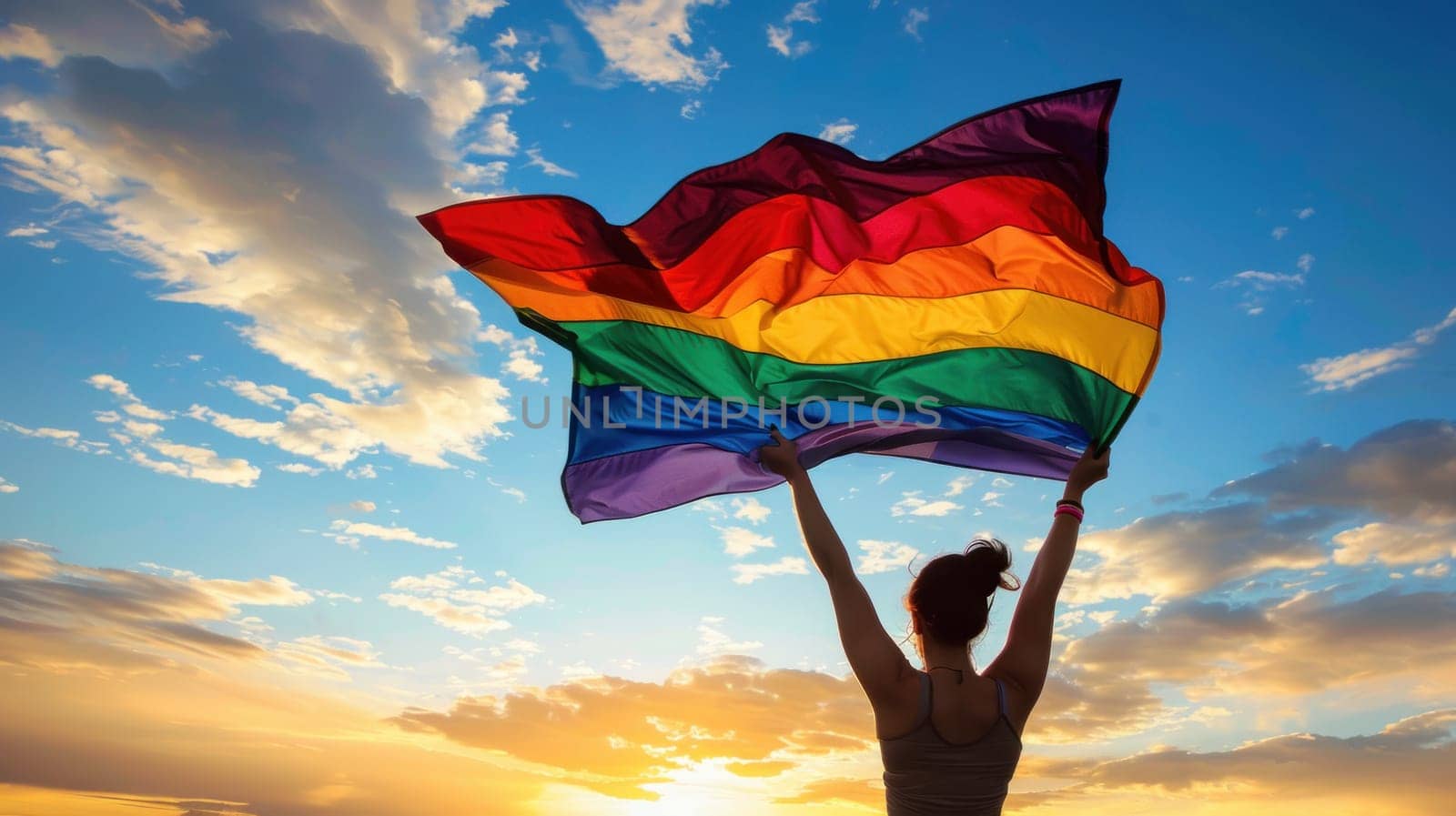A strong and determined woman holding a pride flag.