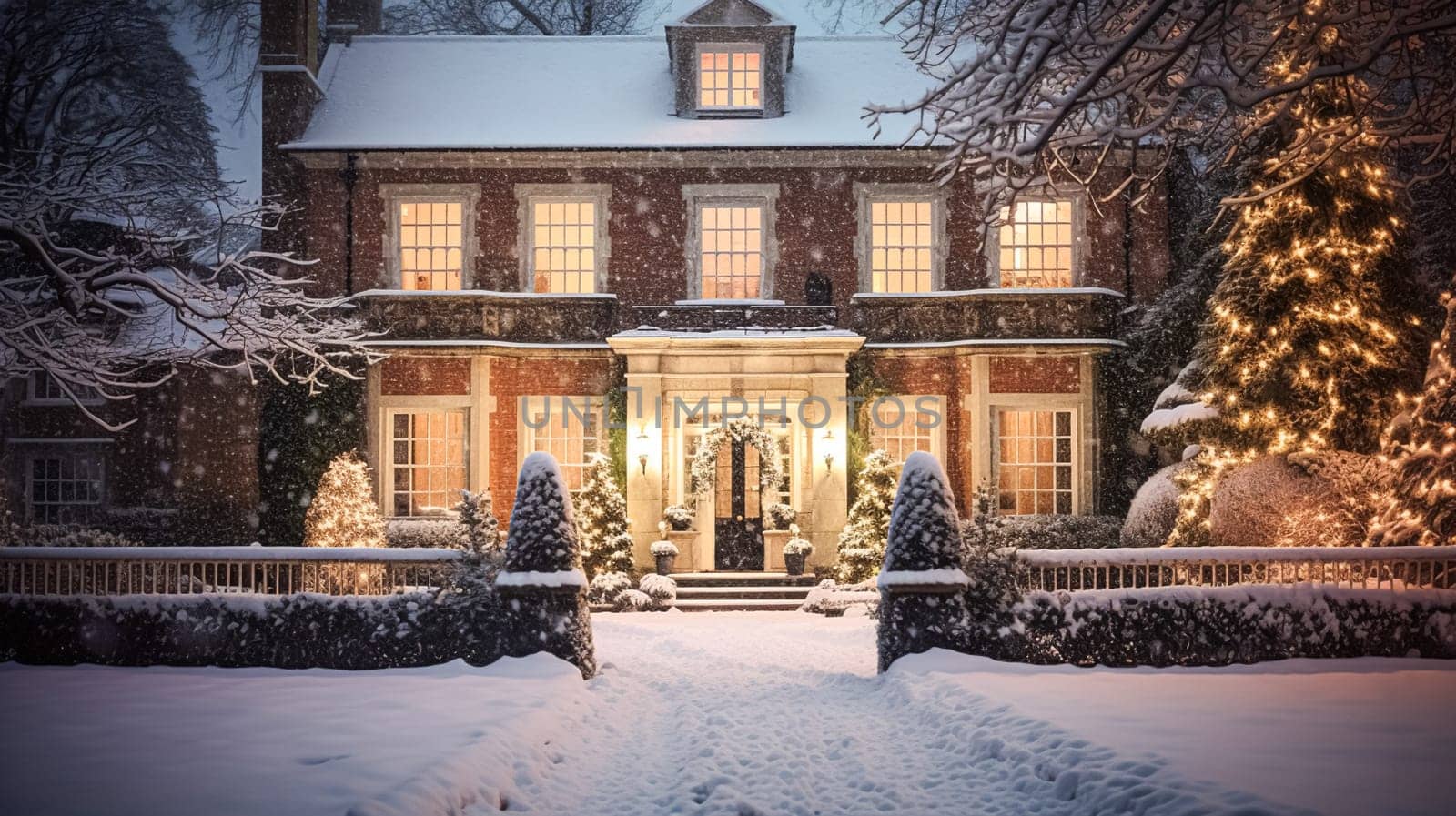 Christmas in the countryside manor, English country house mansion decorated for holidays on a snowy winter evening with snow and holiday lights, Merry Christmas and Happy Holidays by Anneleven