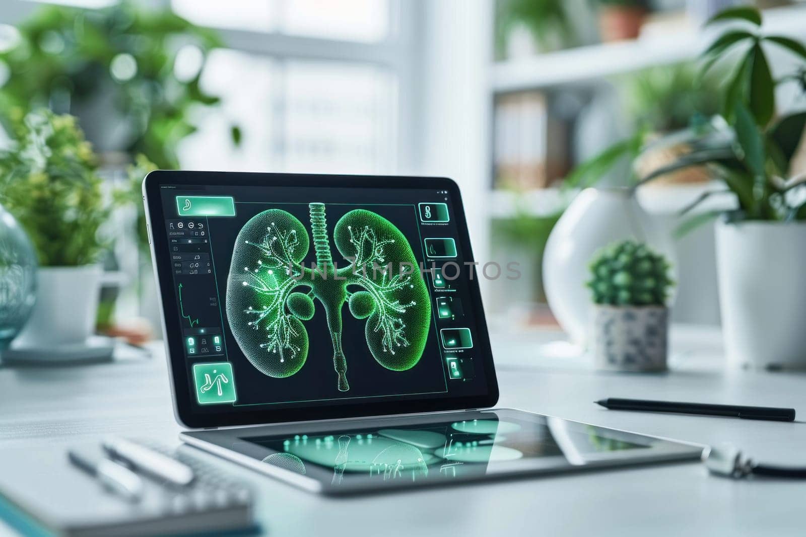 A bright, minimalistic setting featuring a large tablet displaying a vibrant green holographic 3D kidneys, laid on a white table within a clean.