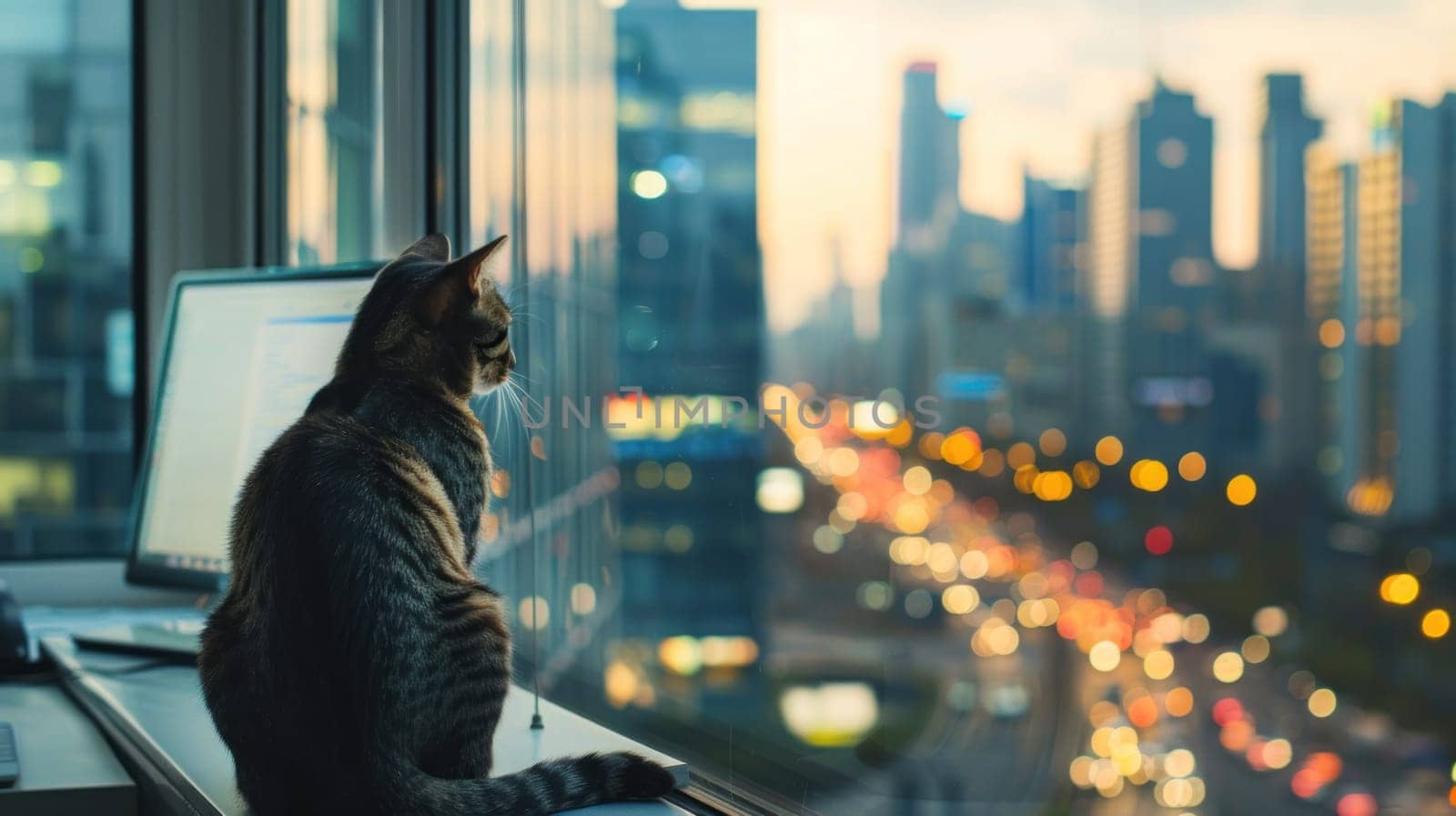 A cat is sitting by a window looking out at the city.