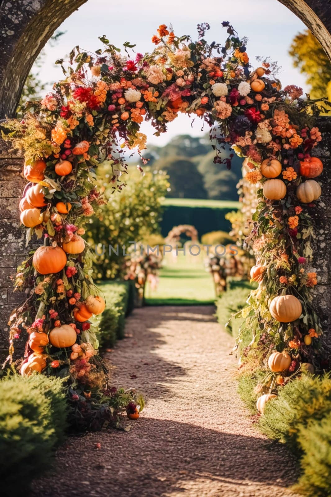 Wedding aisle, floral decor and marriage ceremony, autumnal flowers and decoration in the English countryside garden, autumn country style idea