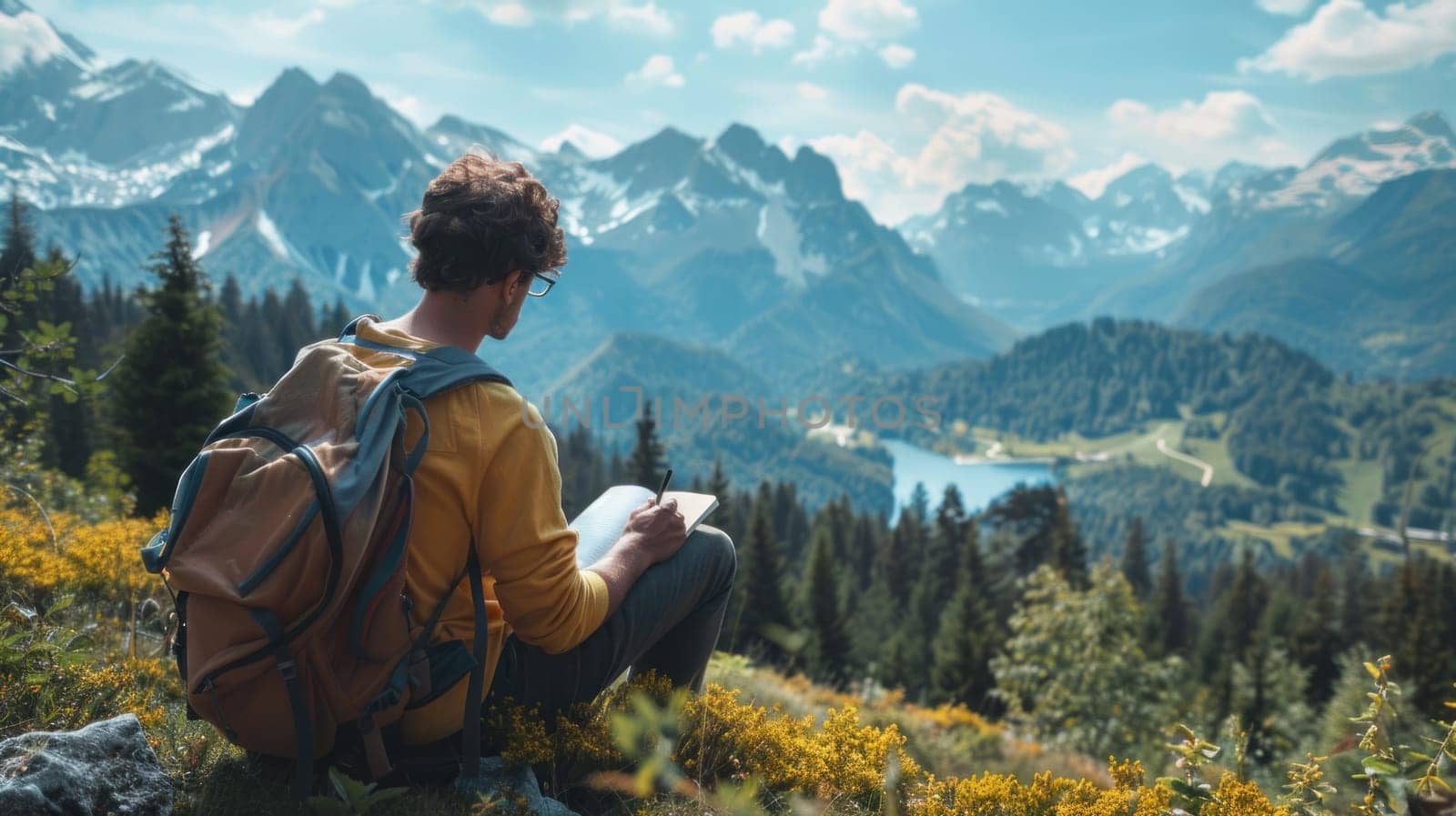 A man is reading a book in the mountains.