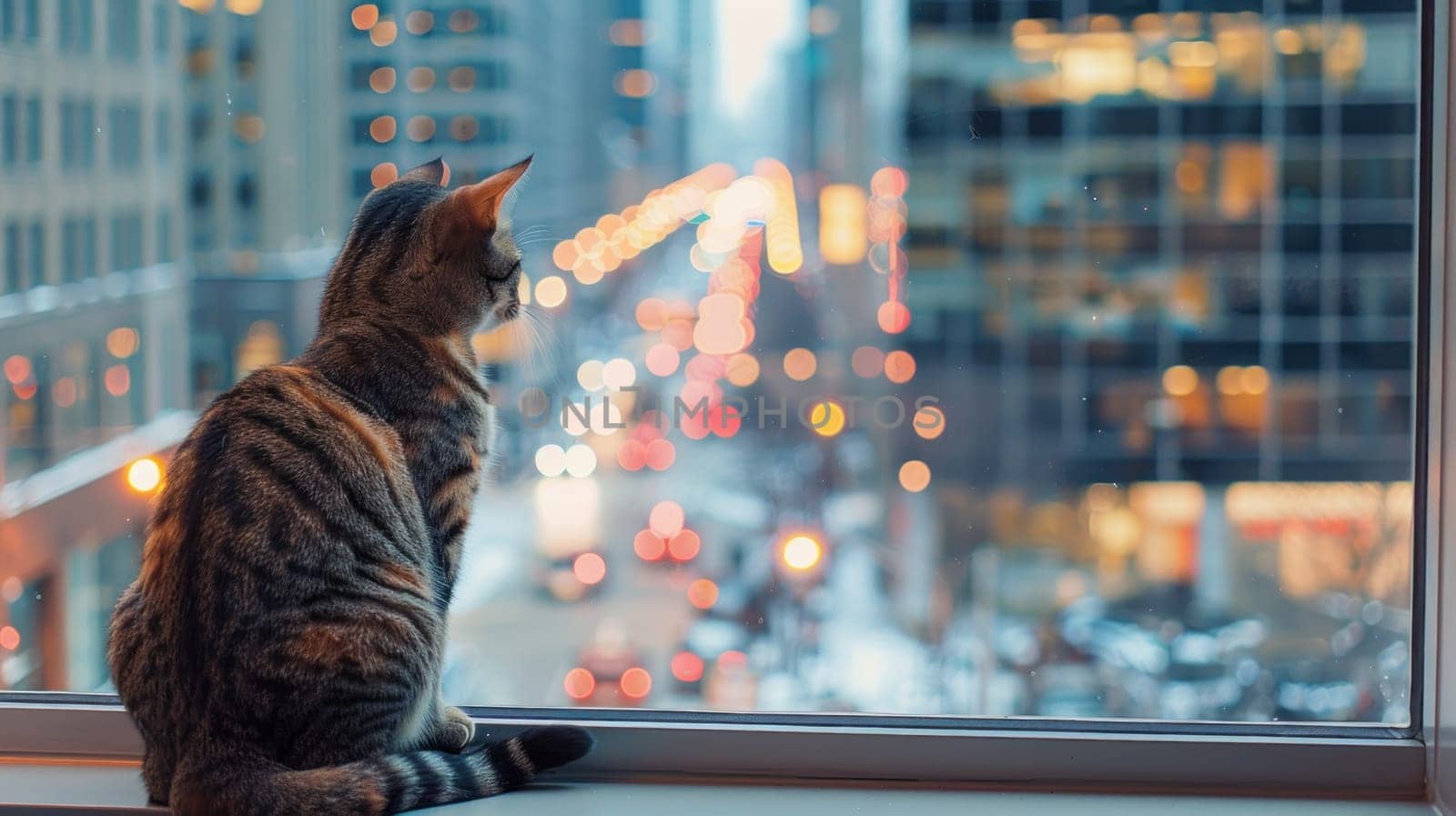 A cat is sitting by a window looking out at the city. The cat is looking at the lights and cars outside. The scene is calm and peaceful, with the cat enjoying the view of the city