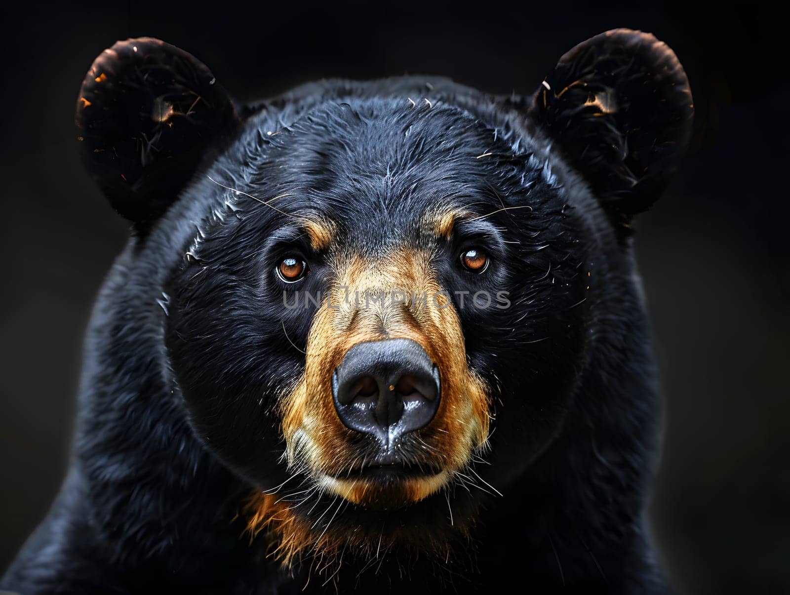 A close up of a carnivorous terrestrial animal, the sun bear, with its snout and fur illuminated in the darkness against a black background, showcasing the beauty of wildlife in its natural habitat