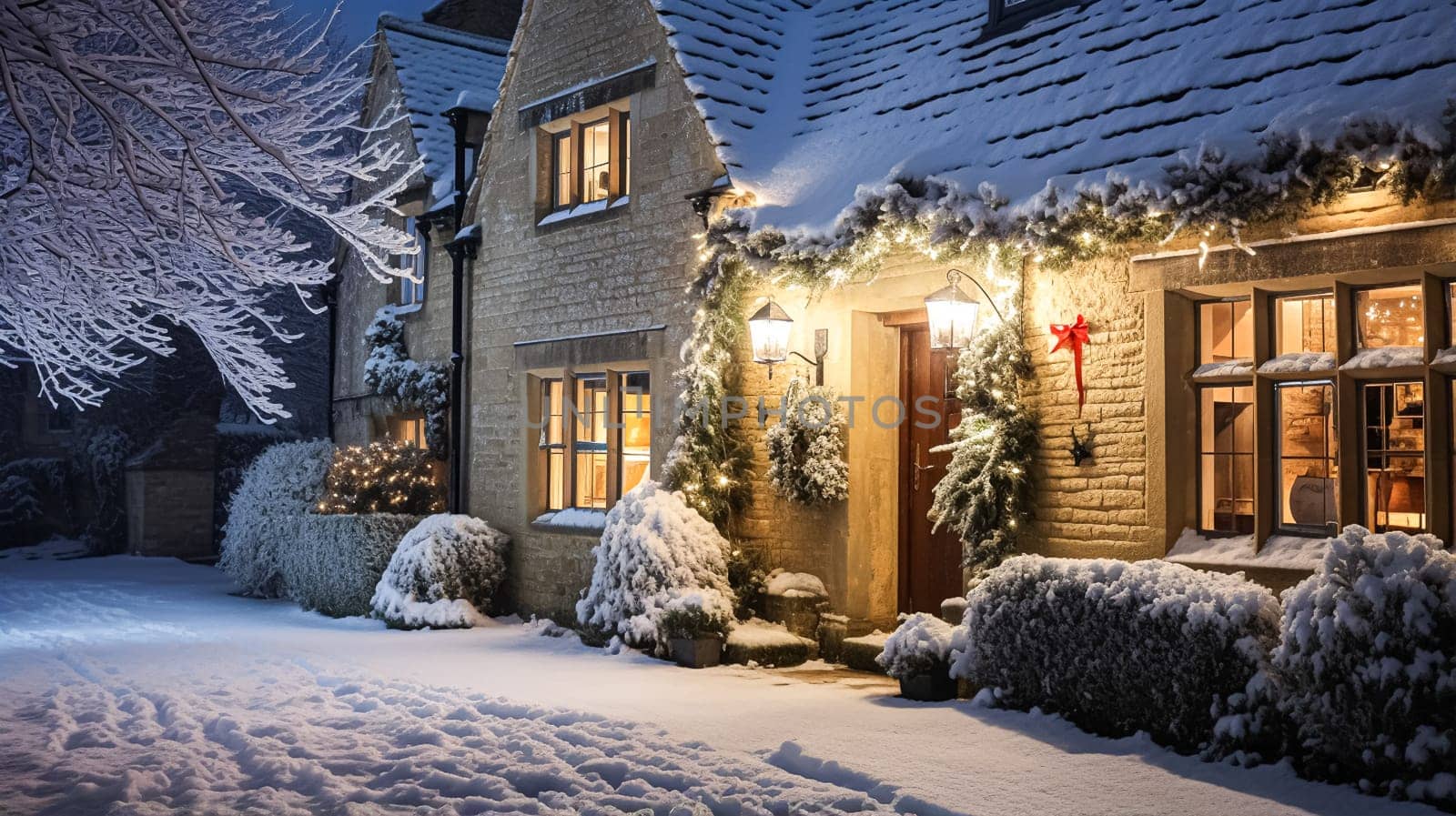 Christmas in the countryside, cottage and garden decorated for holidays on a snowy winter evening with snow and holiday lights, English country styling by Anneleven