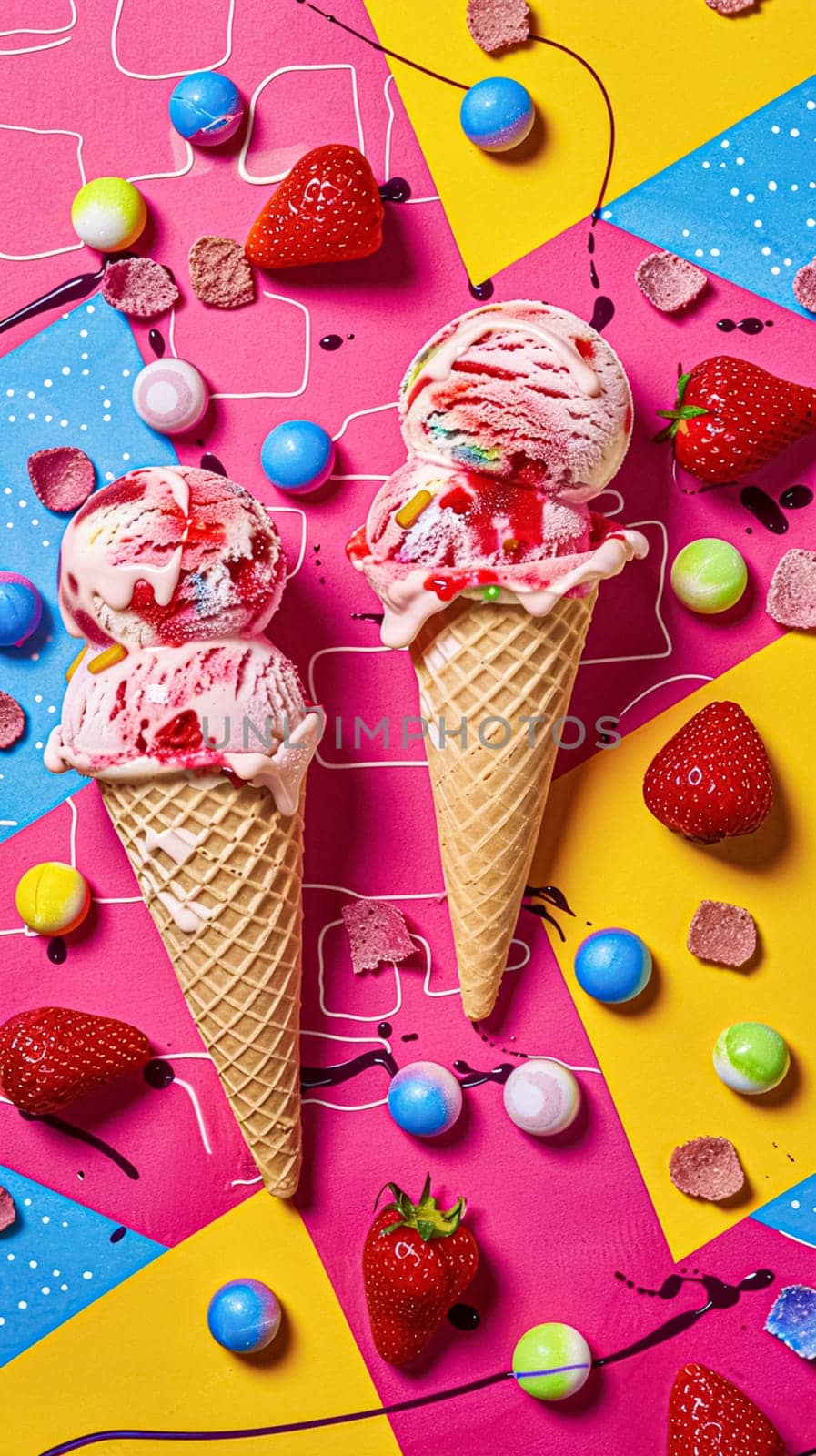 Ice cream colourful summer treat, sweet dessert in summertime, holiday food by Anneleven