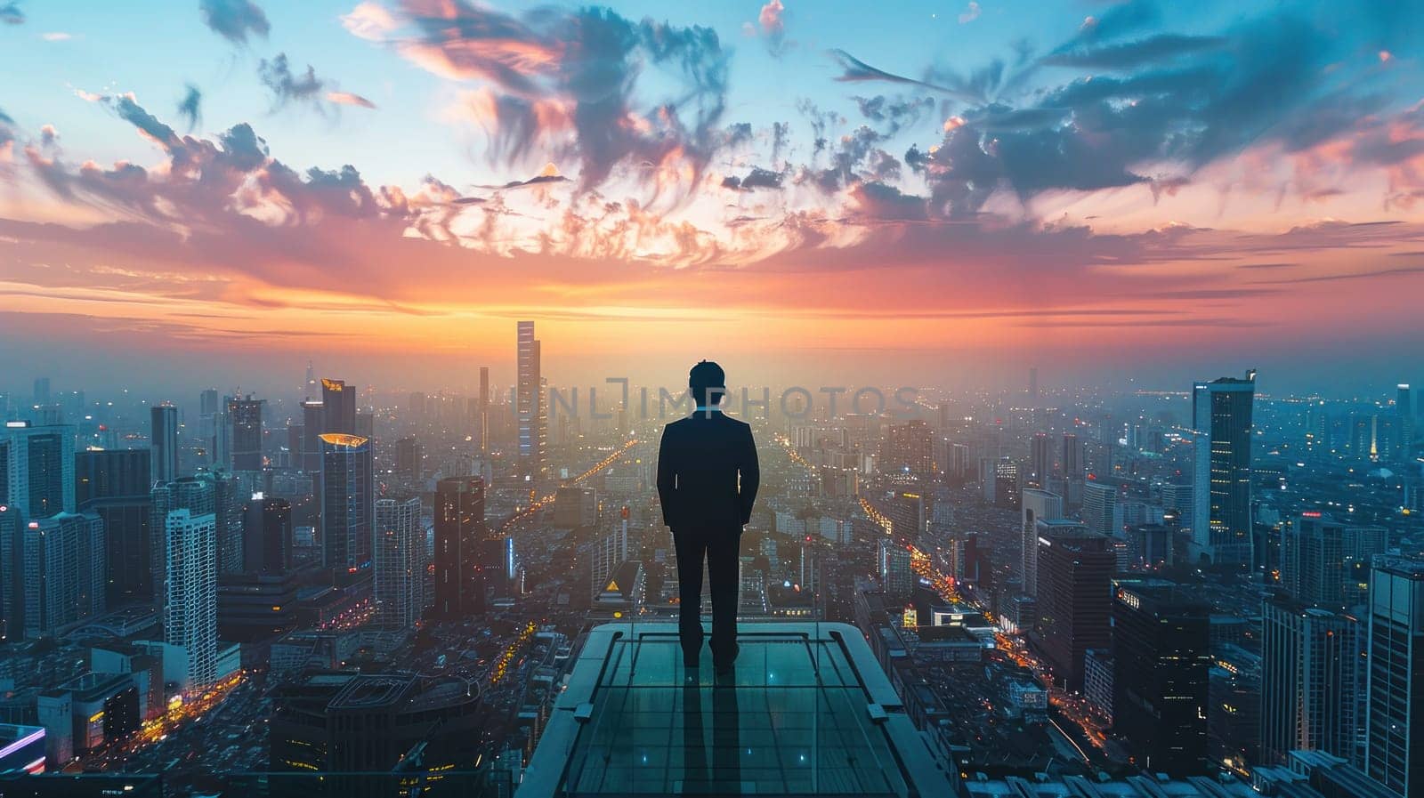Businessman standing on a rooftop terrace overlooking the urban landscape, representing the financial success achieved through passive income ventures.