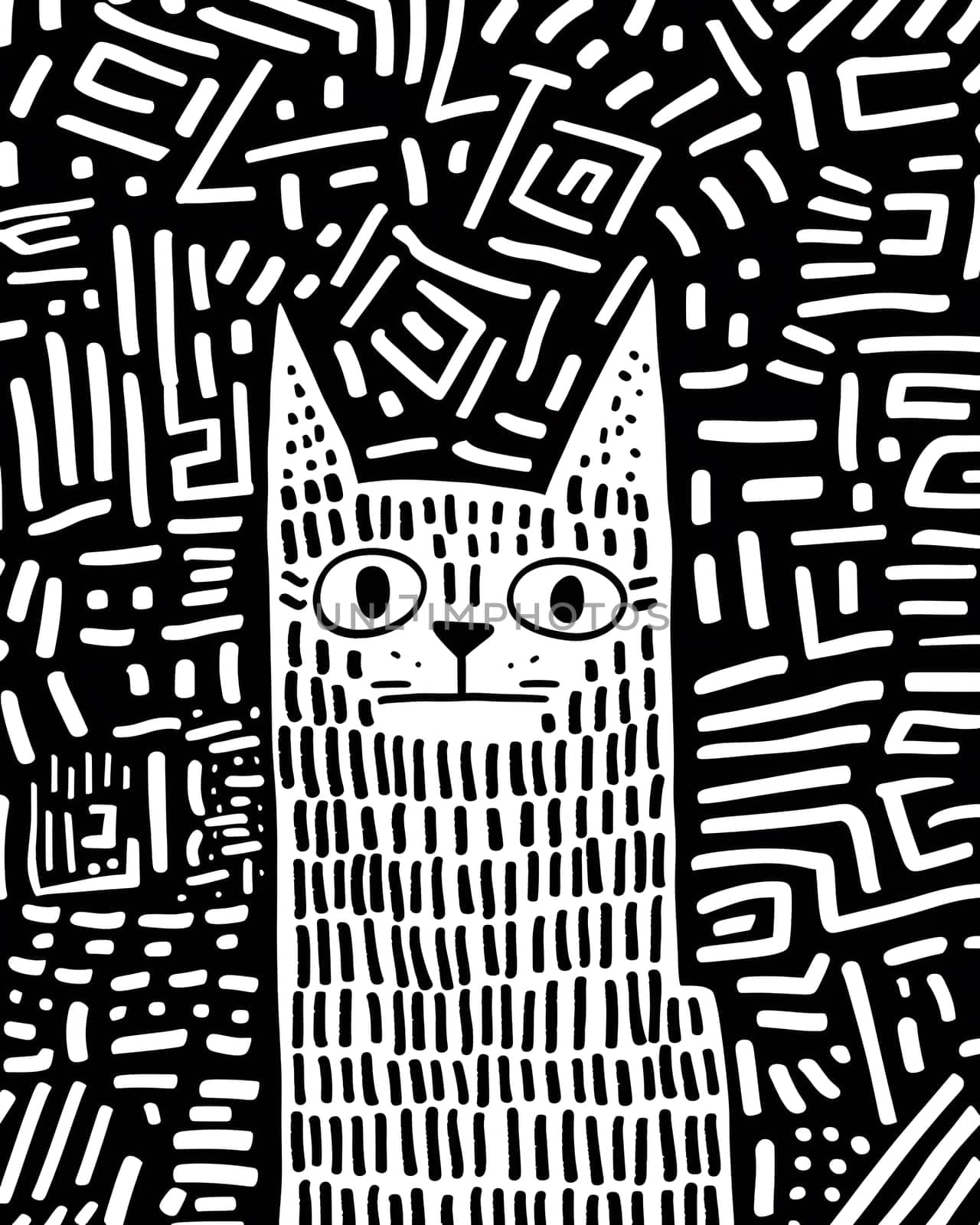 A Vertebrateinspired blackandwhite drawing of a cat with a geometric pattern. The Rectangle style and Symmetry create a unique textilelike artwork