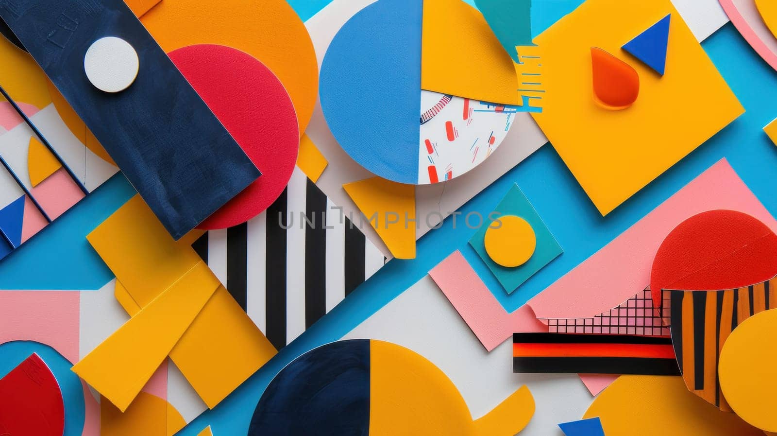 A colorful collage of shapes and circles. The image is abstract and has a playful, whimsical feel to it. The use of bright colors and various shapes creates a sense of movement and energy