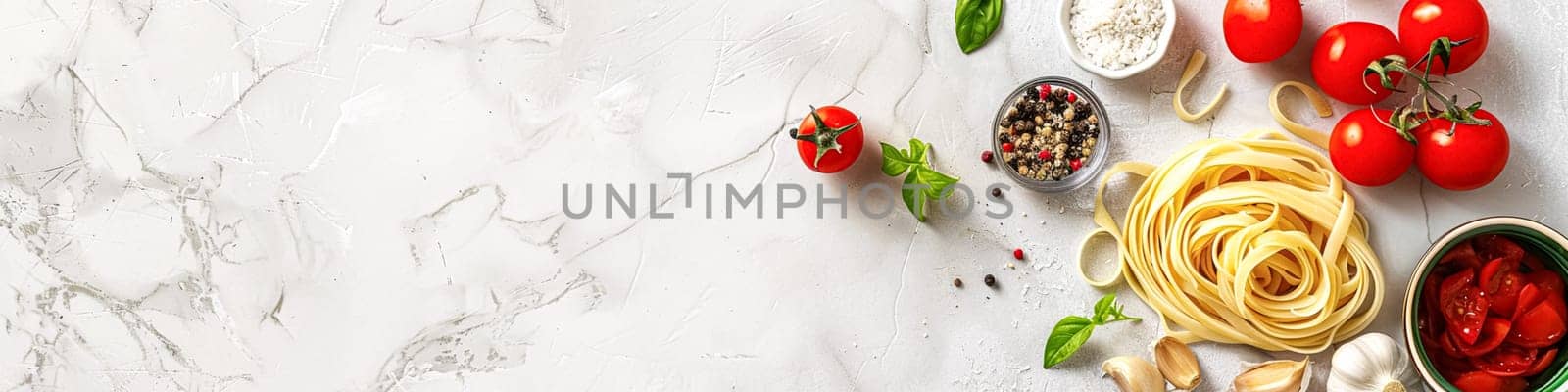 Pasta recipe preparation flatlay background with ingredients, spaghetti, olive oil, garlic, tomatoes and spices in the kitchen, homemade food recipe by Anneleven