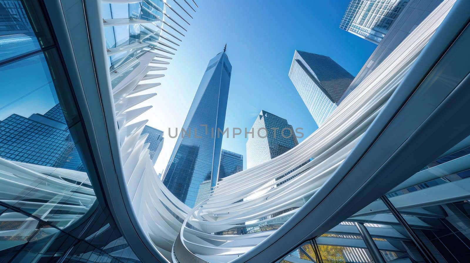 A cityscape with a large building in the center and many other buildings surrounding it. The sky is clear and blue, and the buildings are tall and white. Concept of modernity and progress
