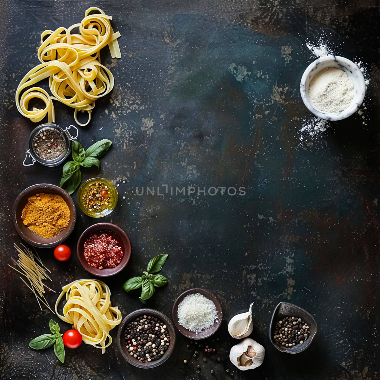 Pasta recipe preparation flatlay background with ingredients, spaghetti, olive oil, garlic, tomatoes and spices in the kitchen, homemade food recipe idea