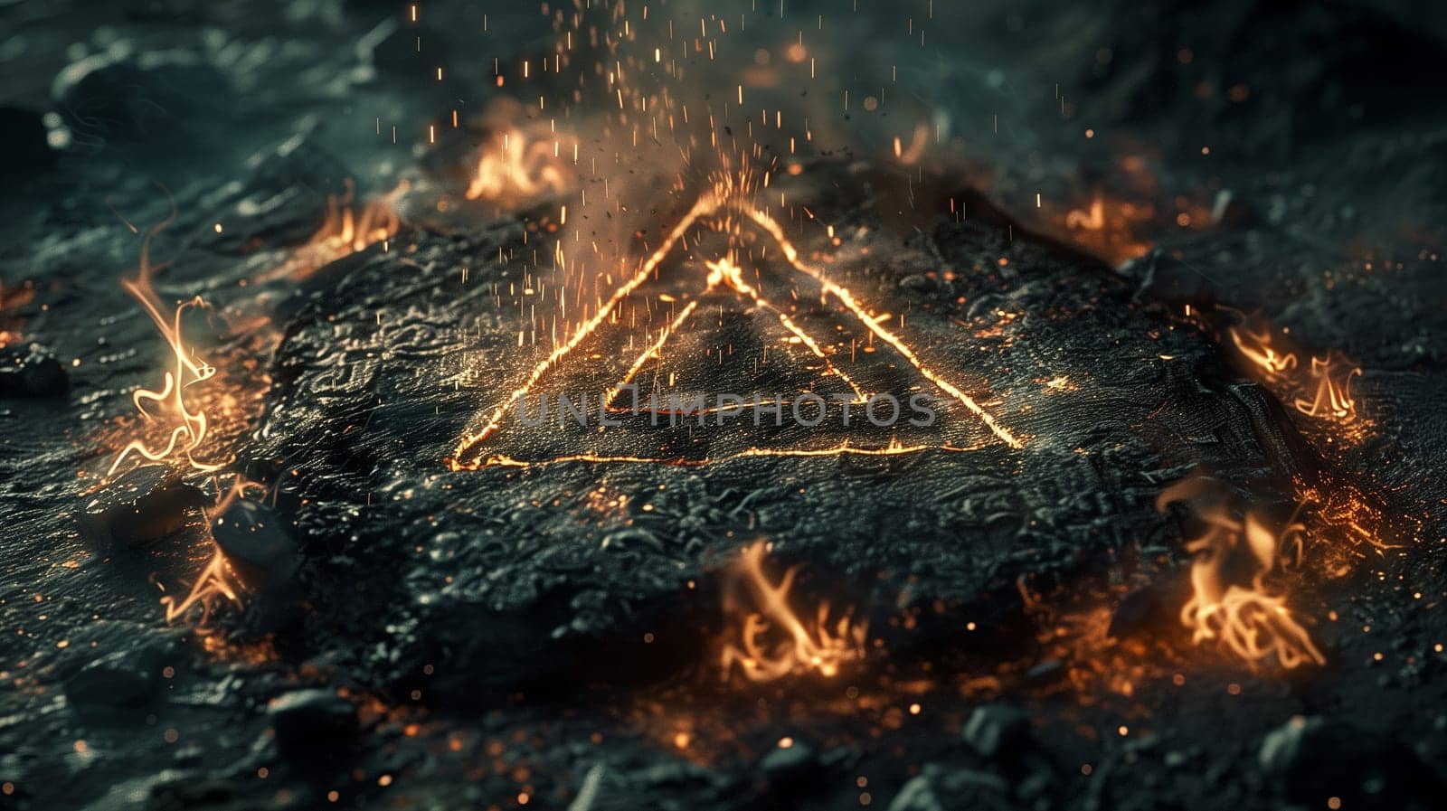 Cinematic dark photo of a mysterious stone with mystical fire symbols