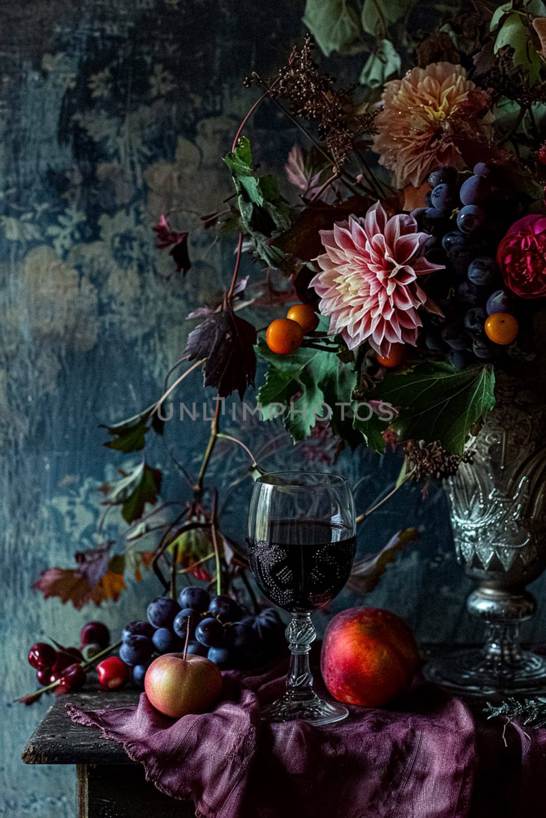 Classic floral still life fine art print, composition with rich arrangement of flowers and fresh fruits and a glass of wine, accented by lush vintage florals, English countryside art style by Anneleven