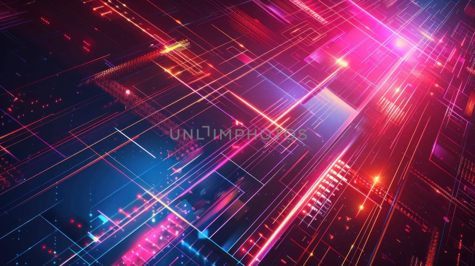 A colorful, abstract image of a cityscape with bright lights and lines. Scene is energetic and futuristic