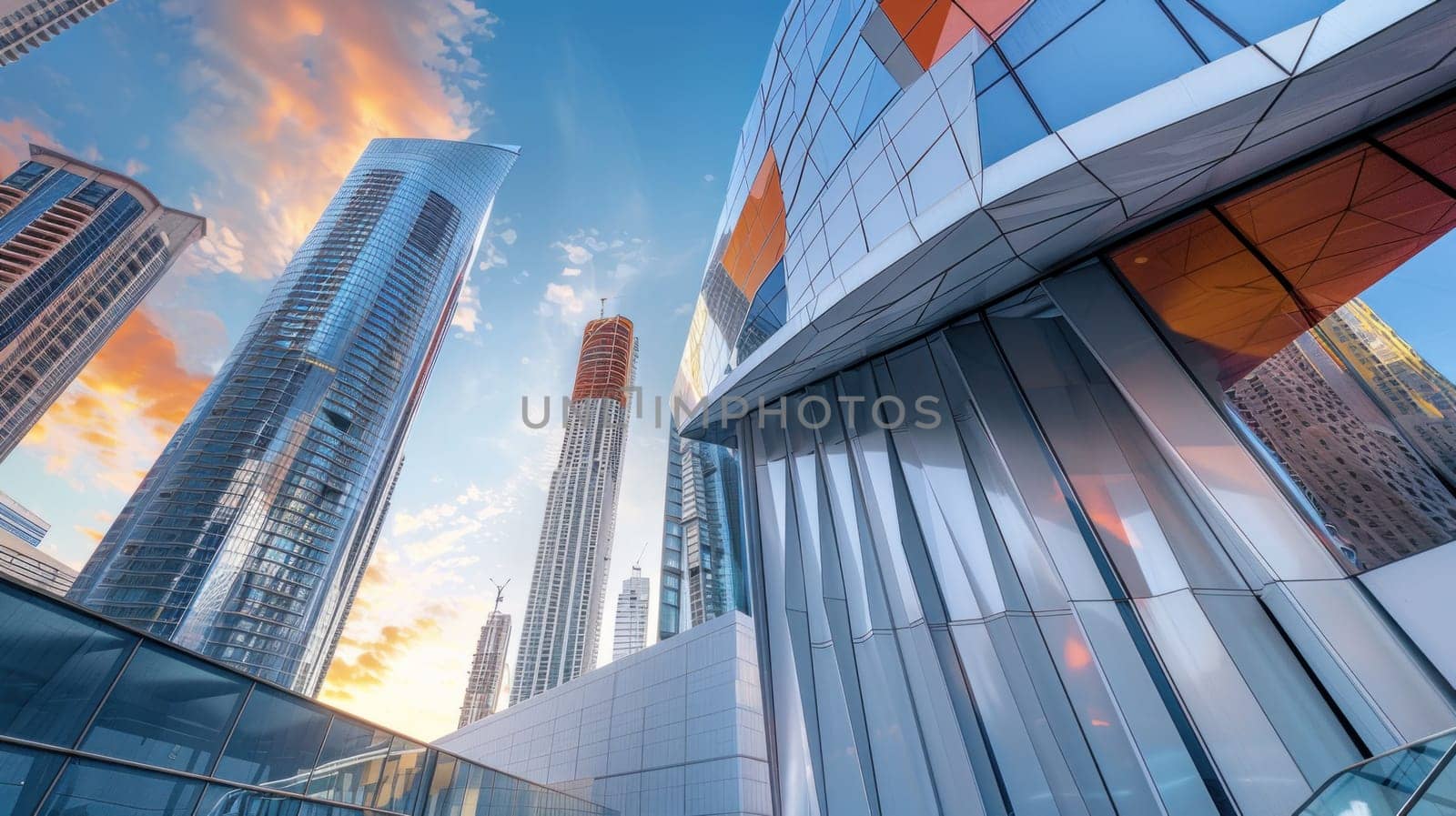 A city skyline with a large building in the middle. The sky is blue with a few clouds