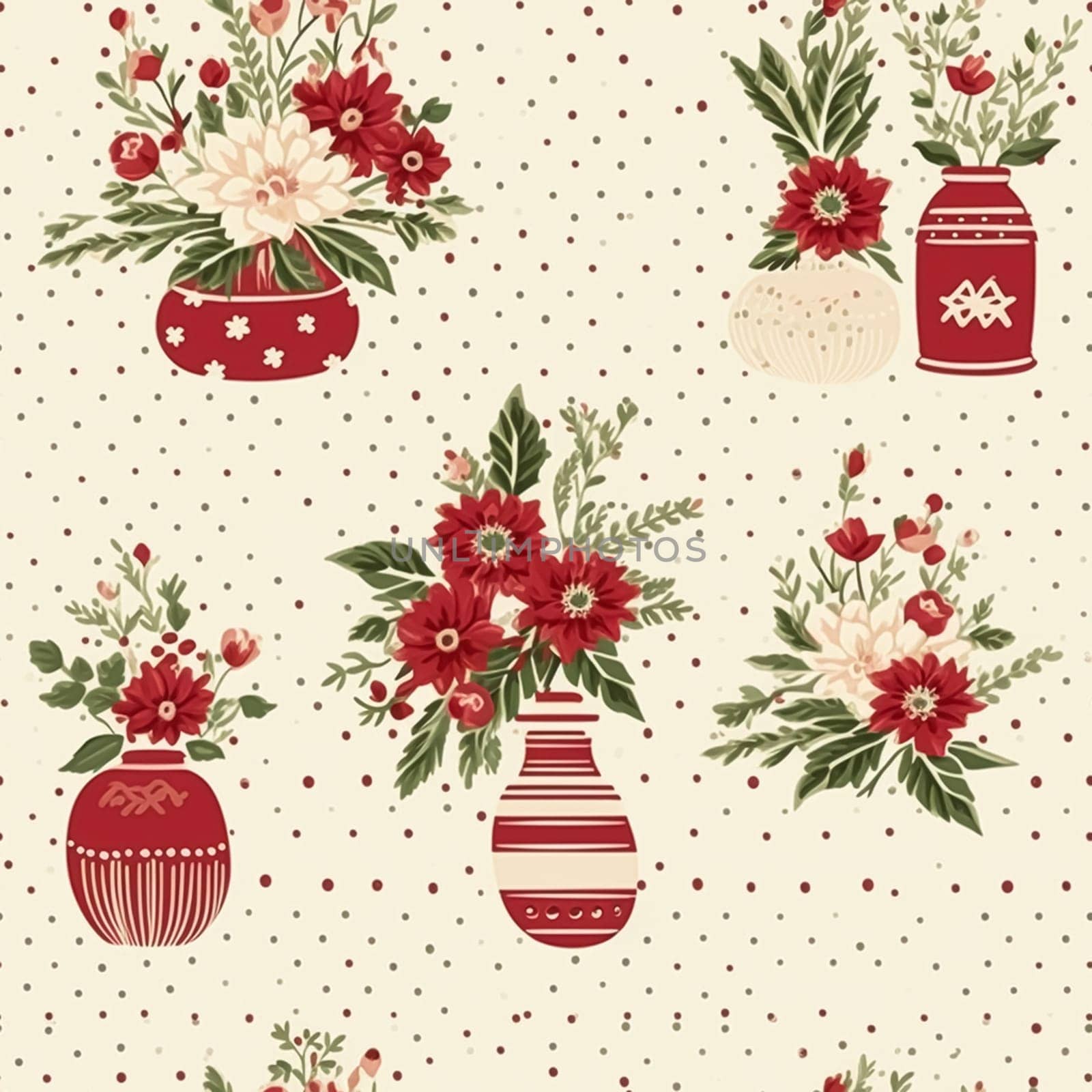 Seamless pattern, tileable holiday flowers in vase, country dots print for wallpaper, wrapping paper, scrapbook, fabric and product design by Anneleven