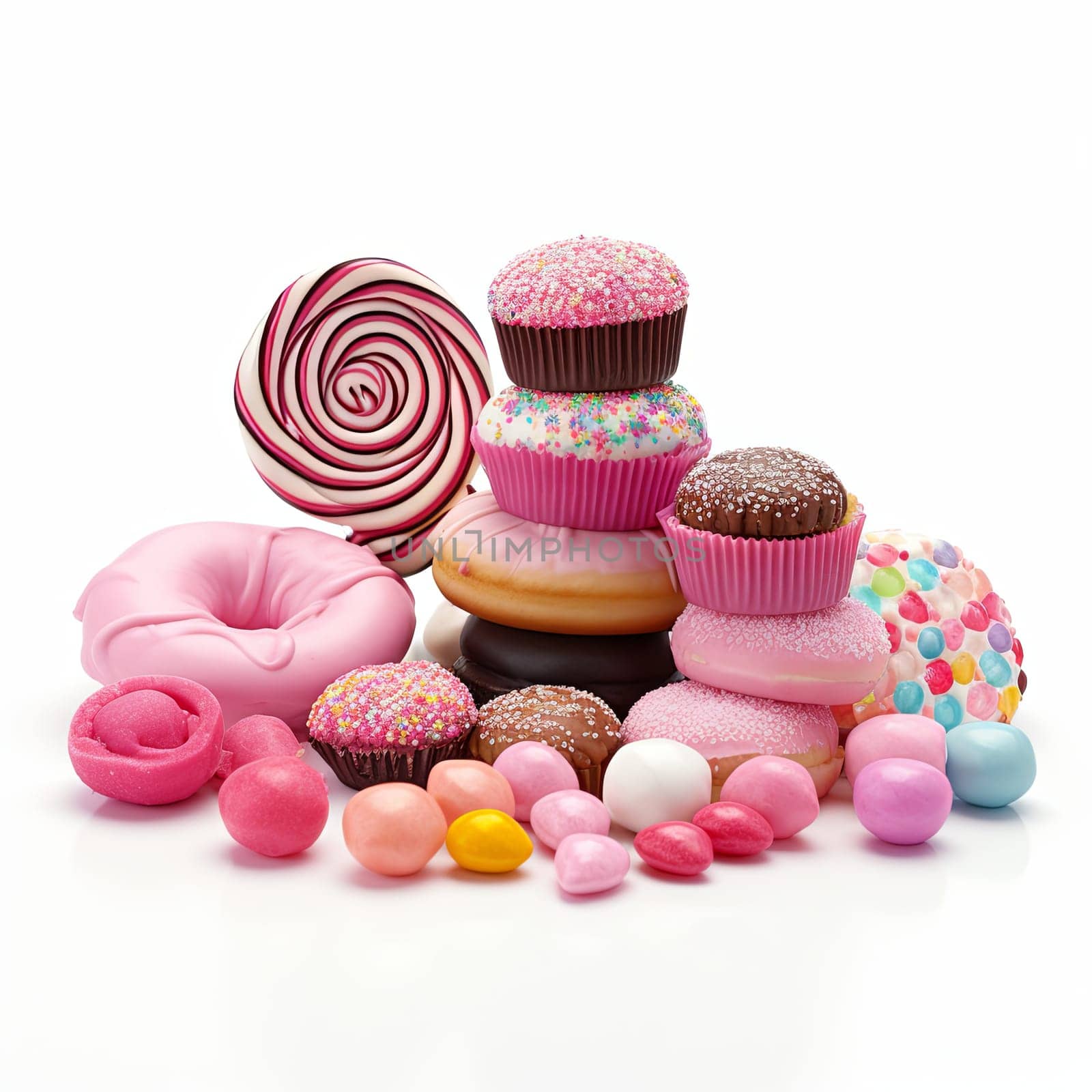 Composition with Donut, Lollipop, Candies, Maffins and Sweets on White Background.