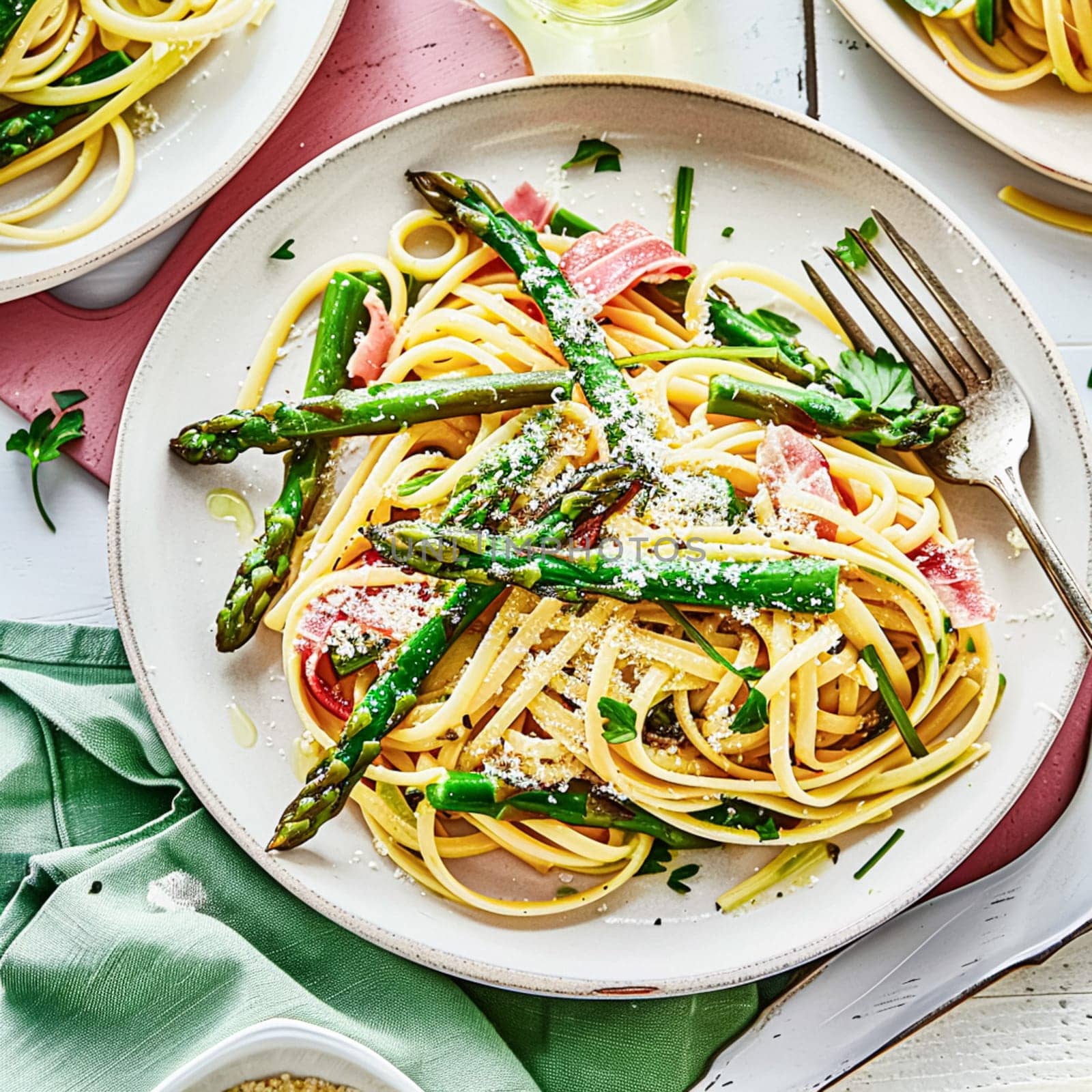 Pasta with asparagus, bacon and parmesan cheese by Anneleven