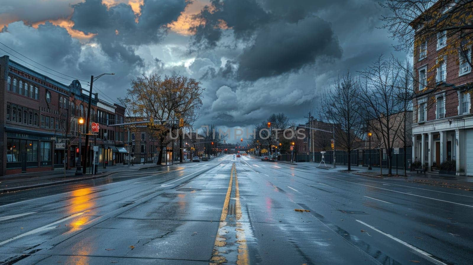 Gray clouds looming over a deserted city street on a gloomy Monday morning. by golfmerrymaker